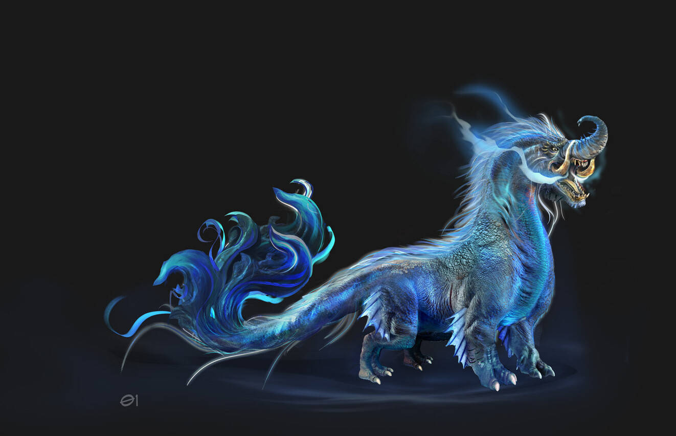 Water Dragon 桌布 壁紙 — 一頭威嚴的發光藍色龍，擁有飄逸的鬃毛和尾巴，佇立在黑暗虛空中，散發著空靈的能量。