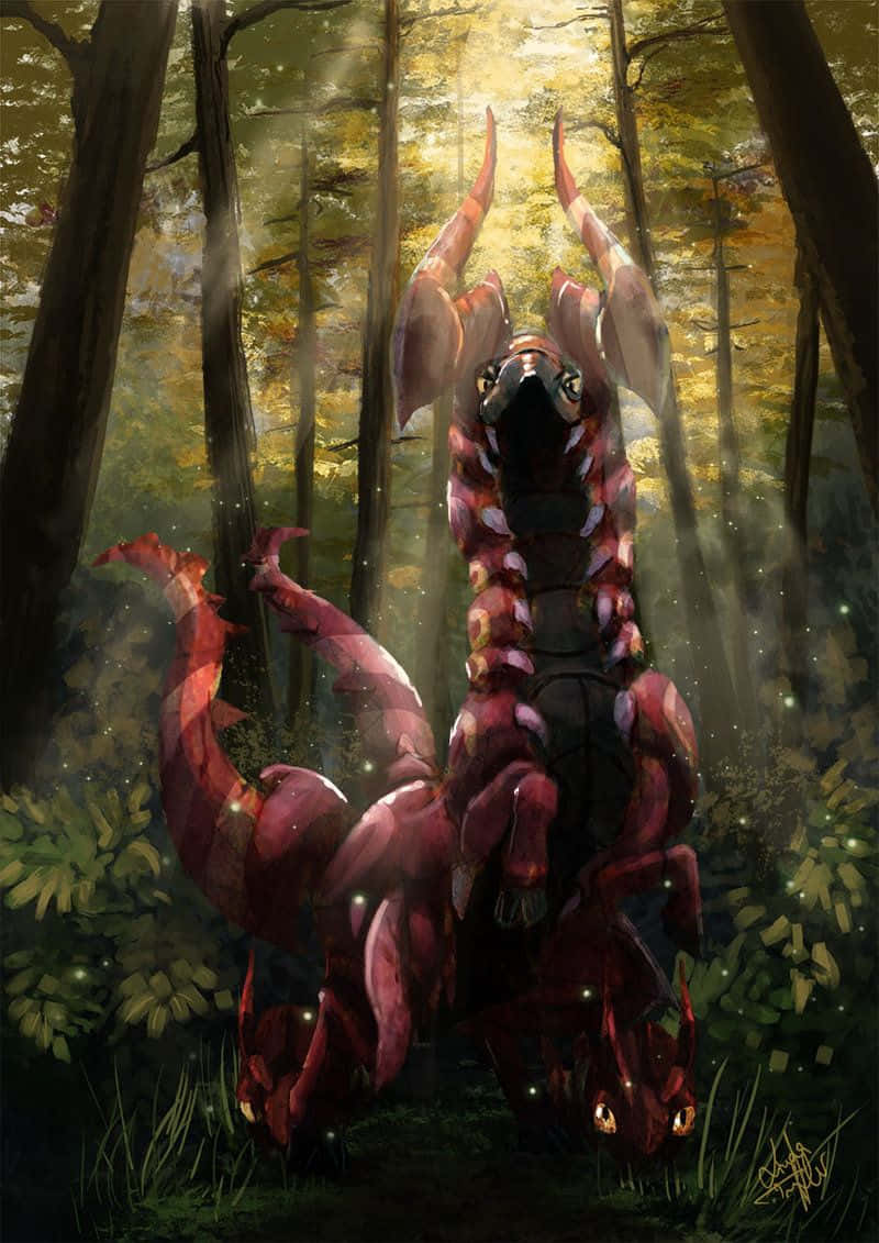 寶可夢 桌布 壁紙 — 一頭威嚴的紅龍，眼睛和角閃閃發光，高聳在陽光明媚的秋日森林中，周圍環繞著高大的樹木和金黃色的樹葉。