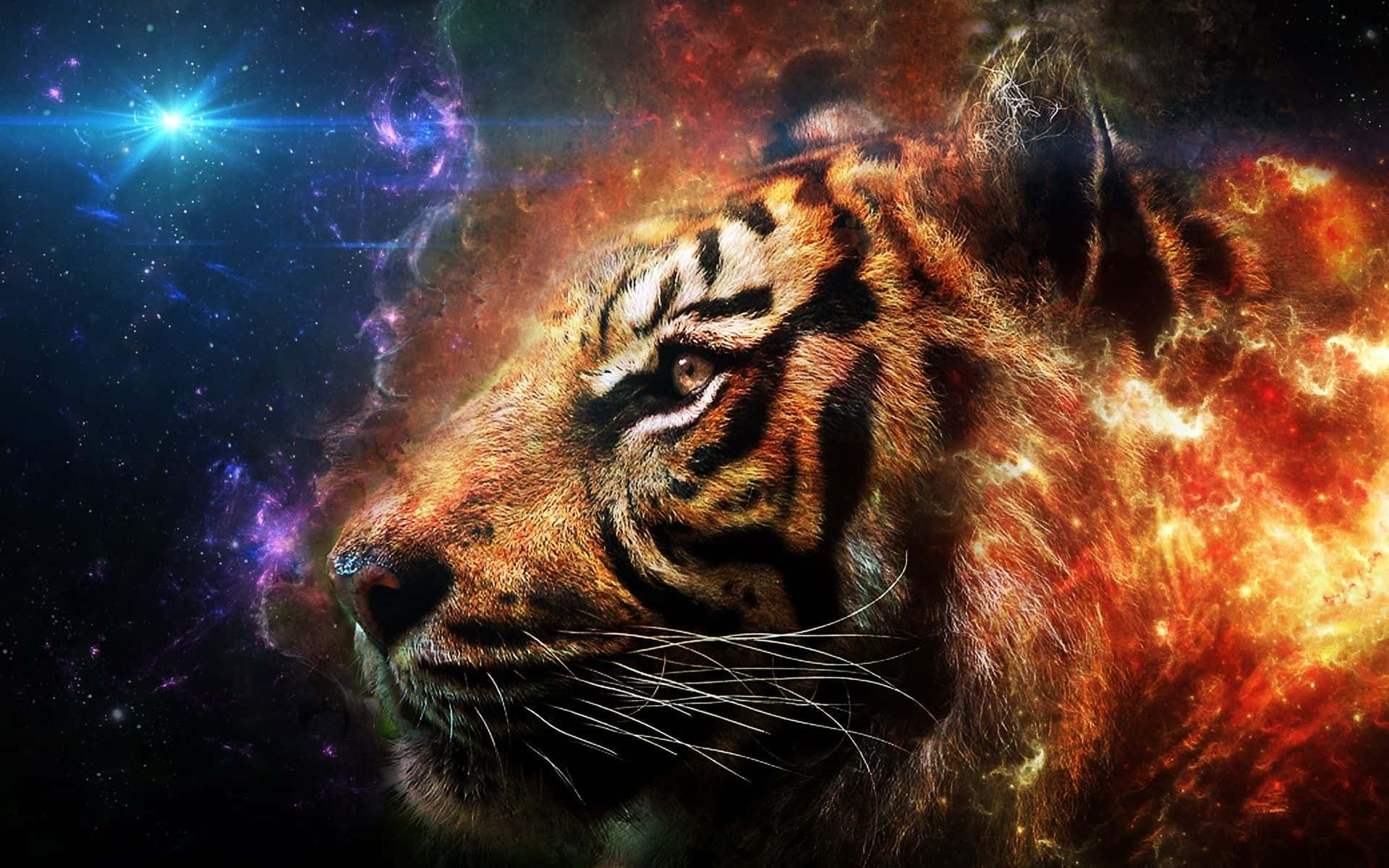 Galaxy Artwork 桌布 壁紙 — 一頭威嚴的老虎頭部從熾熱的宇宙雲層中浮現，背景是繁星點點的星雲。