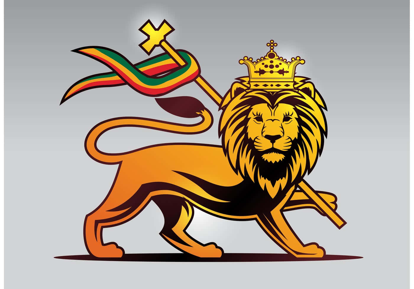 Lion Of Judah 桌布 壁紙 — 一頭威嚴的金色獅子，戴著王冠，手持一根披著拉斯塔法里旗幟的權杖。