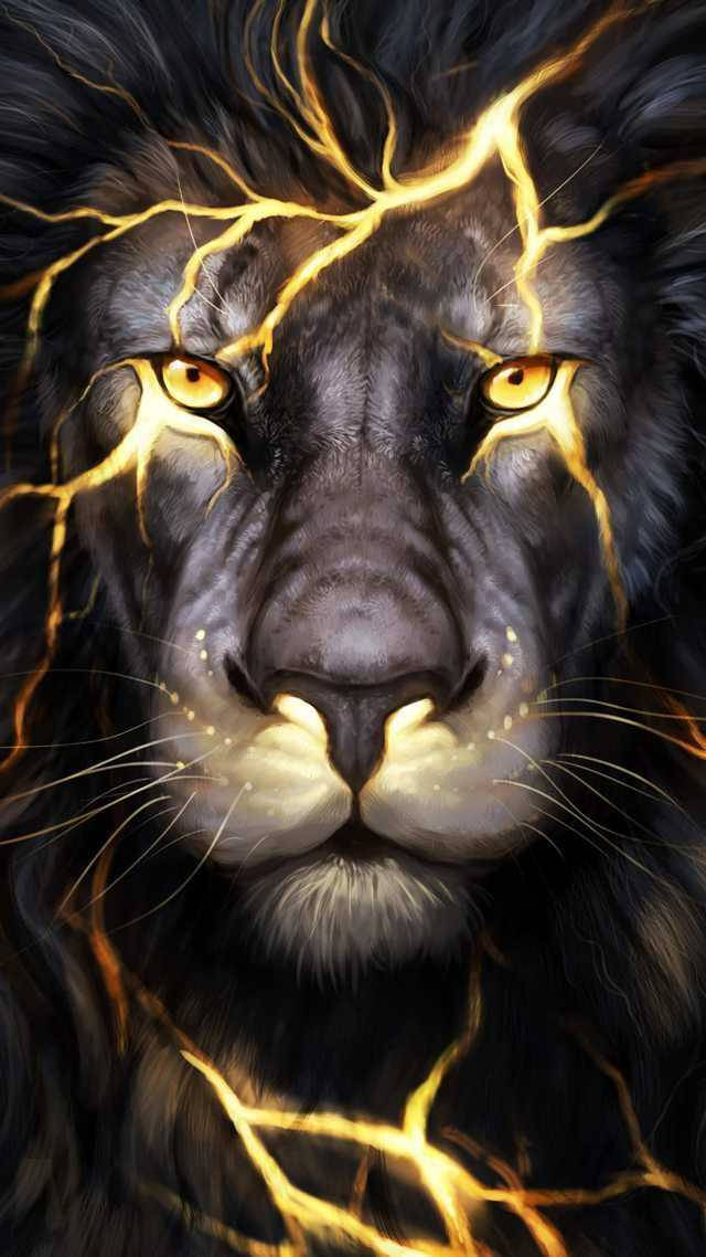 Leo 桌布 壁紙 — 一頭威嚴的黑獅子，琥珀色發光的眼睛，金色閃電在鬃毛和臉上劈啪作響。