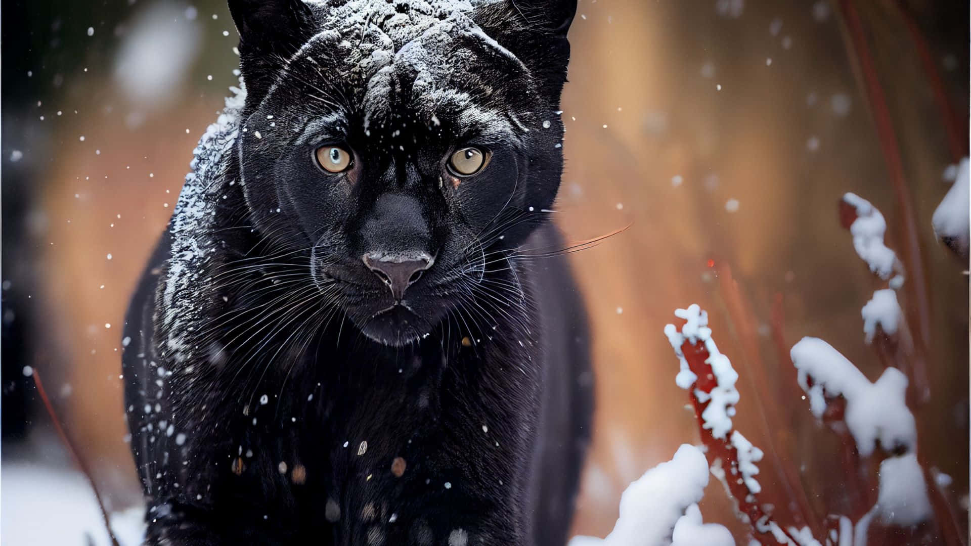 panther 桌布 壁紙 — 一頭威嚴的黑豹在飄雪中，以金色的眼睛凝視著模糊的冬季背景。