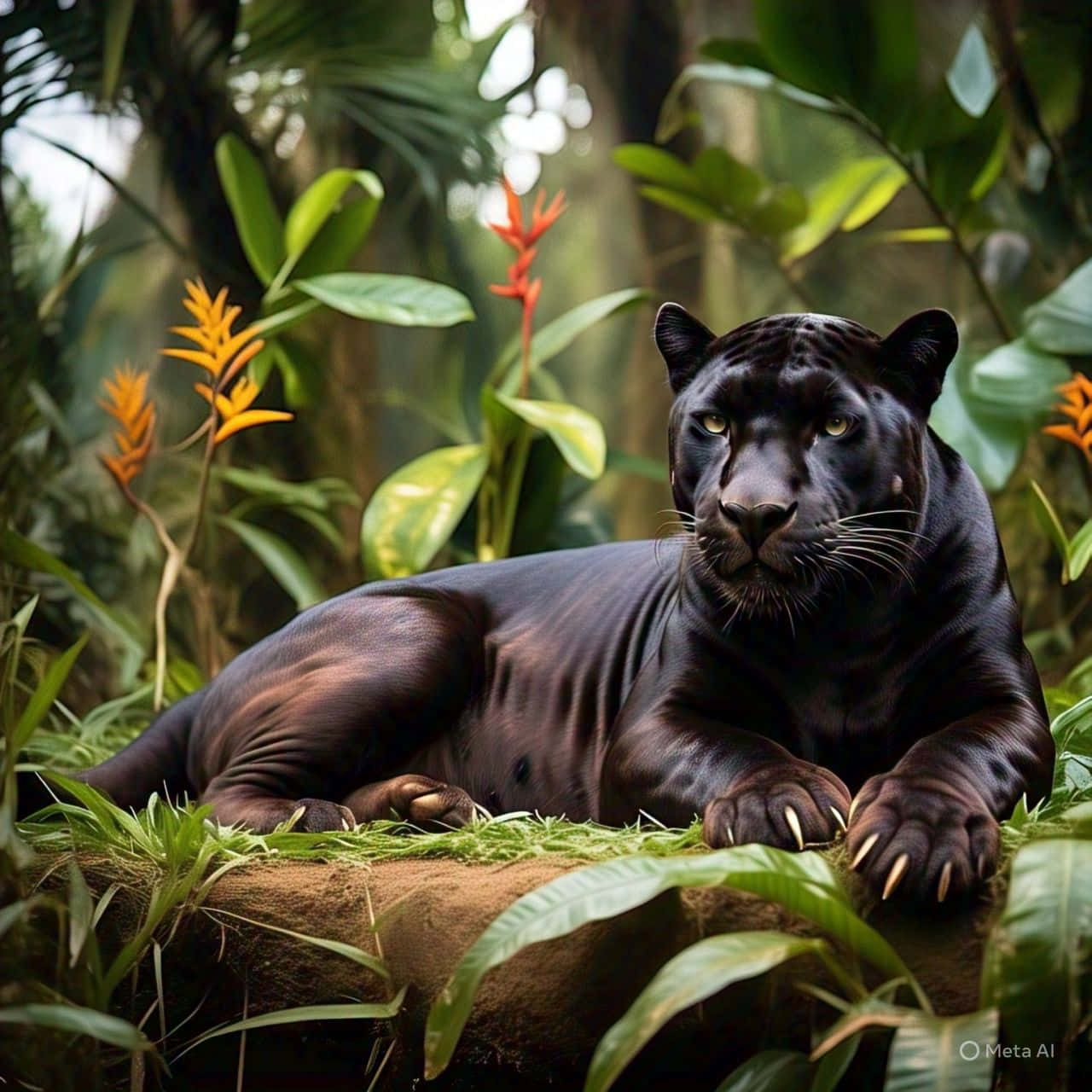 Black Panther for wallpaper 壁紙 — 一頭威嚴的黑豹警覺地休息在長滿苔蘚的圓木上，周圍是茂密的綠色叢林葉子和鮮豔的橙色花朵。