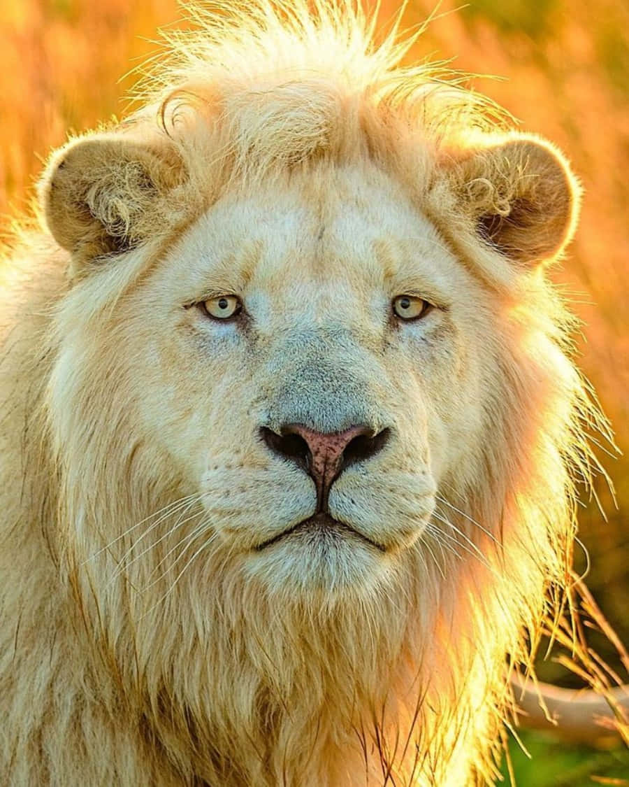 獅子 桌布 壁紙 — 一頭威風凜凜的白獅，在溫暖陽光照耀的稀樹草原背景下，用金色的眼睛專注地凝視著。