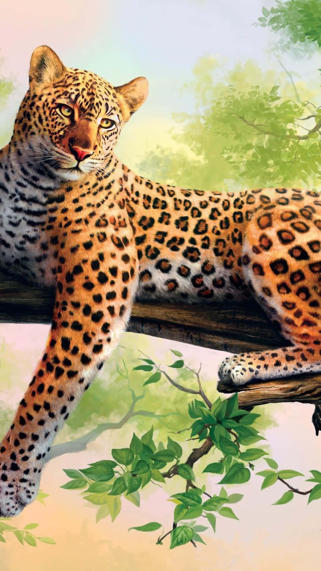 Animals iPhone 桌布 壁紙 — 一頭威風凜凜的豹子在柔和的日光下，在茂密翠綠的樹葉中，高貴地躺在樹枝上。