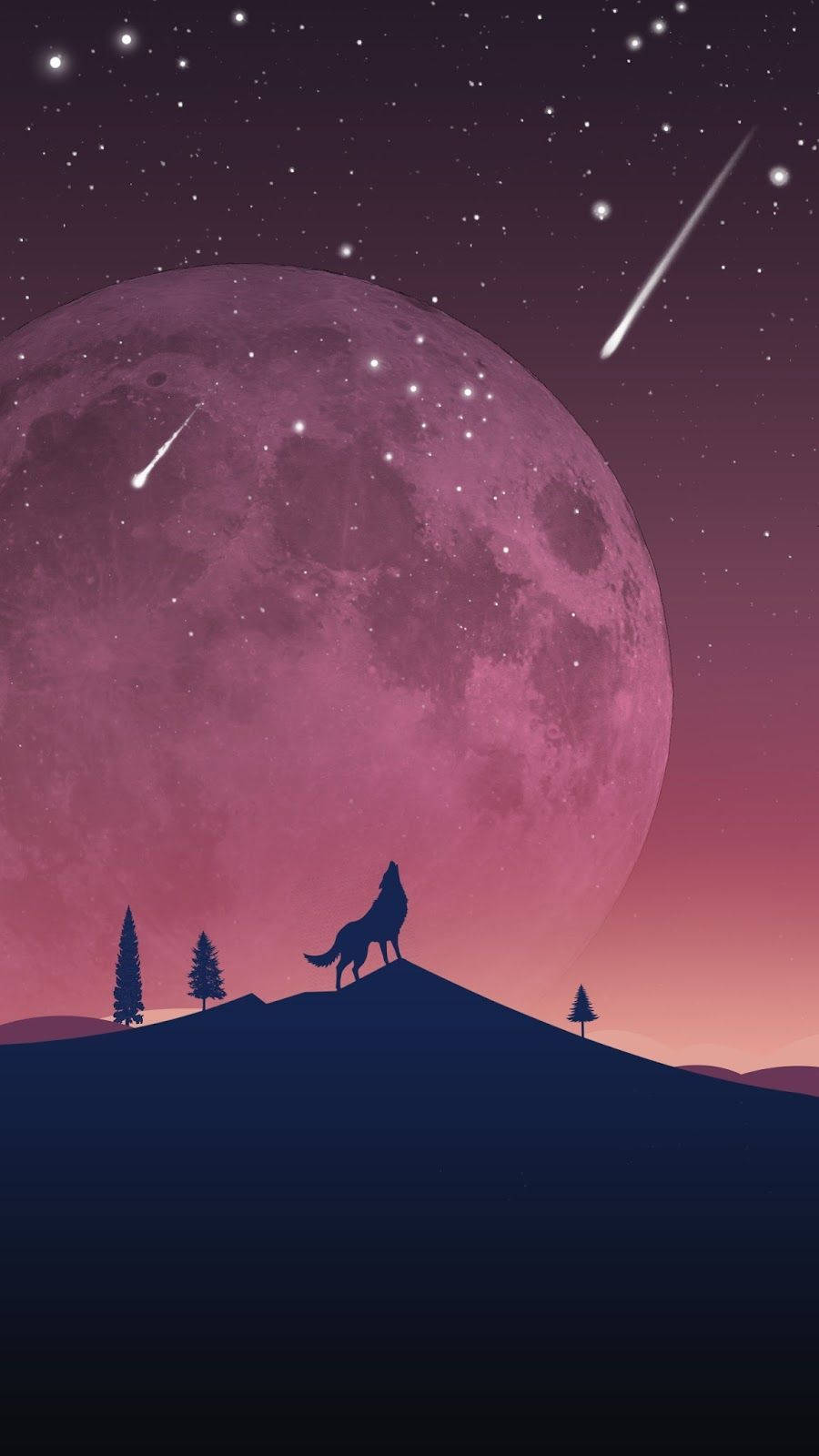 狼 桌布 壁紙 — 一頭孤狼在一個巨大的粉紅月亮和流星劃過的星空暮色天空下，在山丘頂上嚎叫。