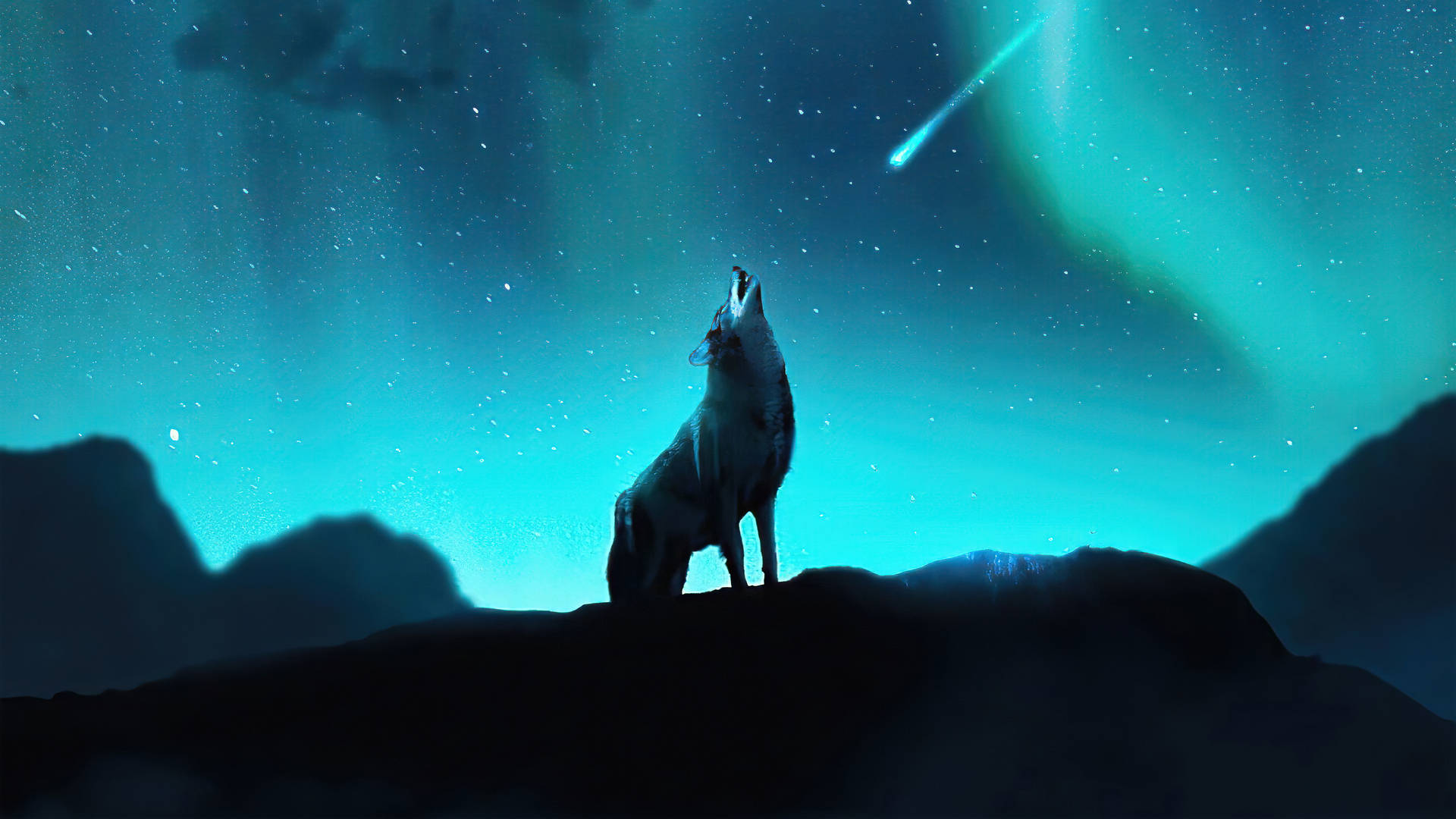 aurora borealis 桌布 壁紙 — 一頭孤狼在山頂上嚎叫，下方是充滿活力的藍綠色極光和劃過的彗星。