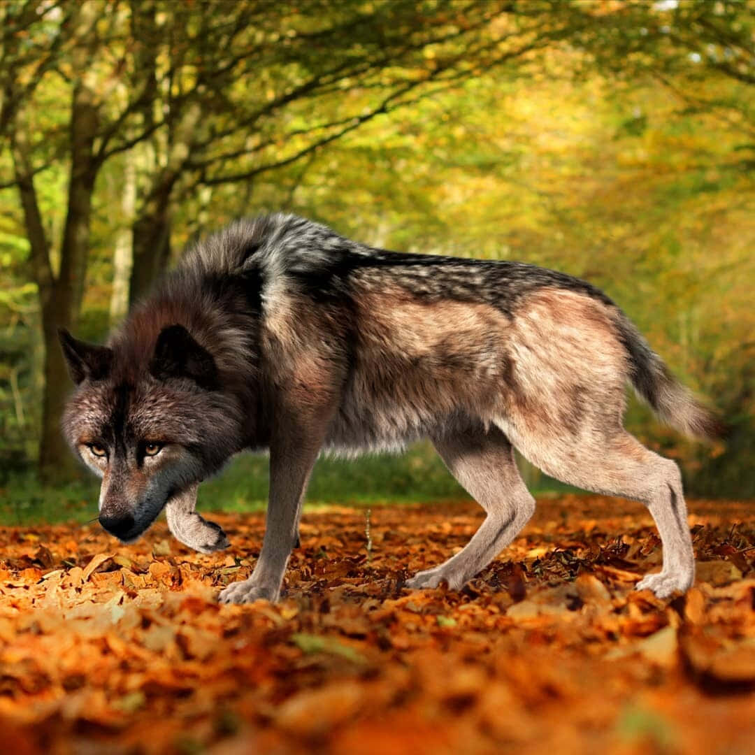 Wolf In Autumn 桌布 壁紙 — 一頭孤狼穿過鋪滿秋葉的森林，陽光斑駁地灑落。
