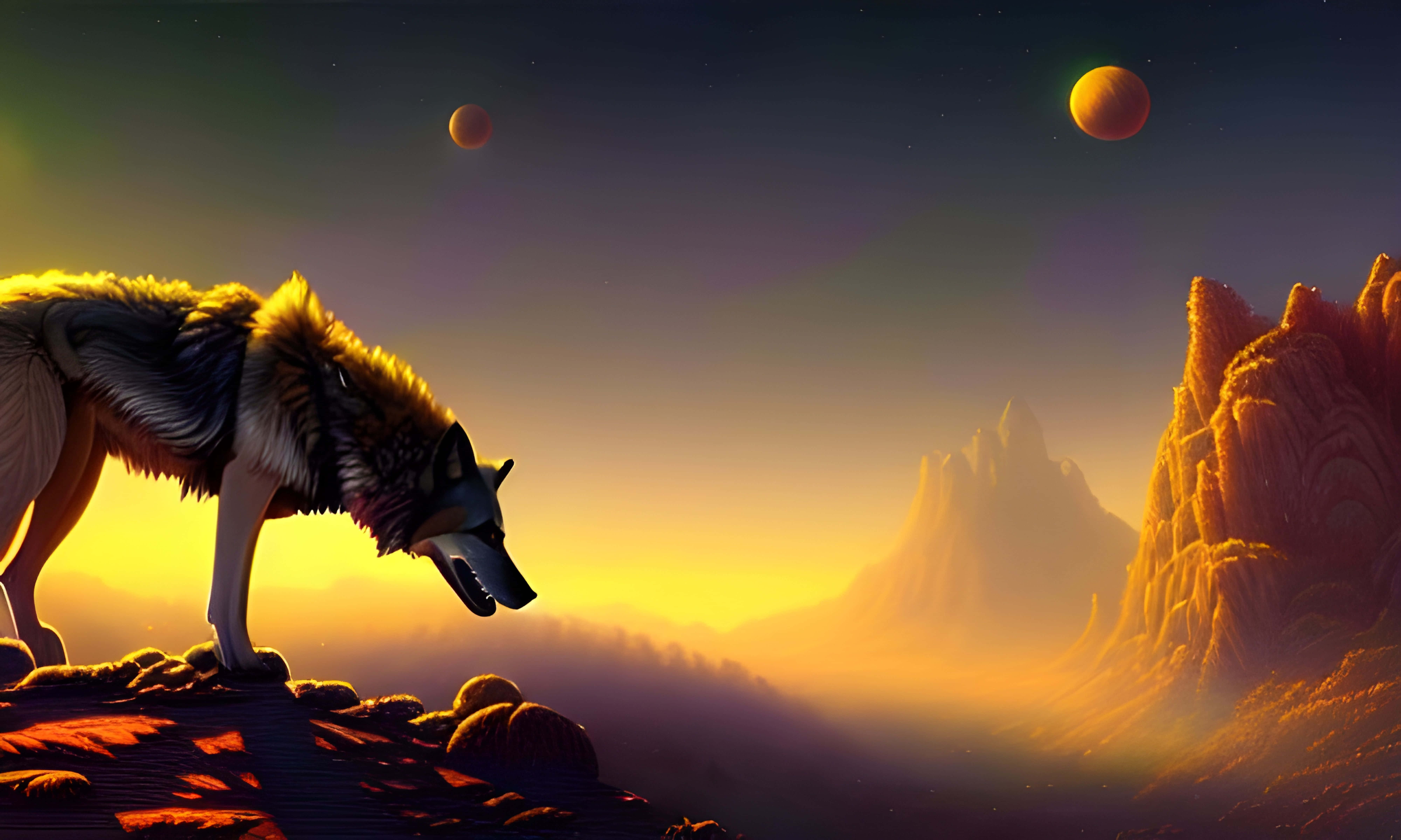 Wolf In Sunset 桌布 壁紙 — 一頭孤狼站在岩石山脊上，凝視著沐浴在金色夕陽下的超現實外星景觀，天空中有兩個發光的球體。