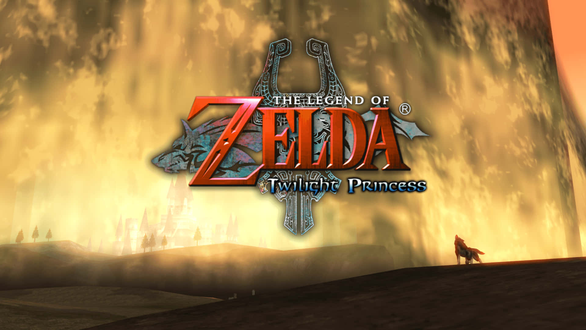 Legend Of Zelda Twilight Princess 桌布 壁紙 — 一頭孤狼站在發光的薩爾達傳說 黃昏公主標誌前，背景是金色的黃昏天空。