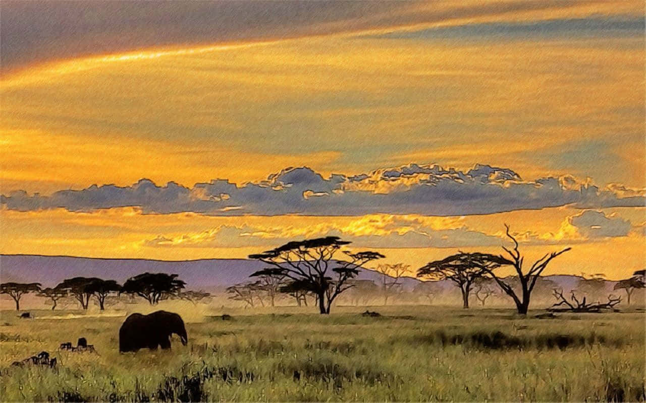 African Landscapes 桌布 壁紙 — 一頭孤獨的大象在金色大草原的草叢中吃草，背景是火紅的日落天空和剪影般的金合歡樹。