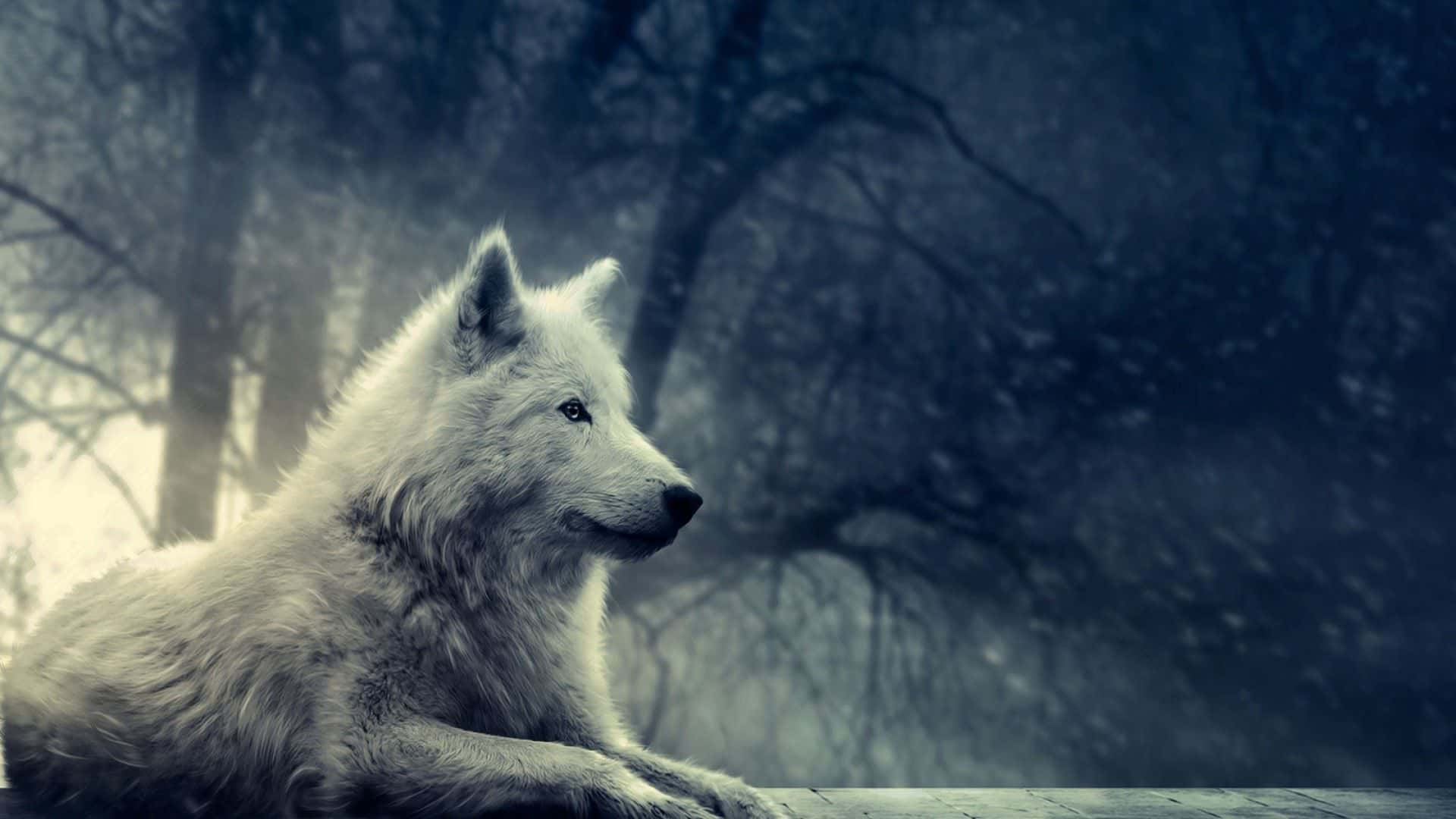 Dire Wolf 桌布 壁紙 — 一頭孤獨的白狼在霧氣瀰漫、樹木光禿的森林中休息，背景是清冷的藍色暮色天空。