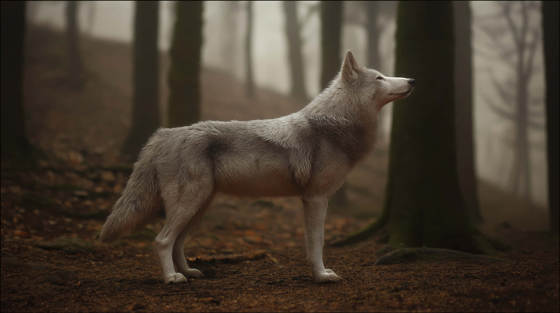 White Wolf in Misty Forest 壁紙 — 一頭孤獨的白狼在霧氣瀰漫的森林中警覺地站立，周圍是高聳的樹木和覆蓋地面的落葉。