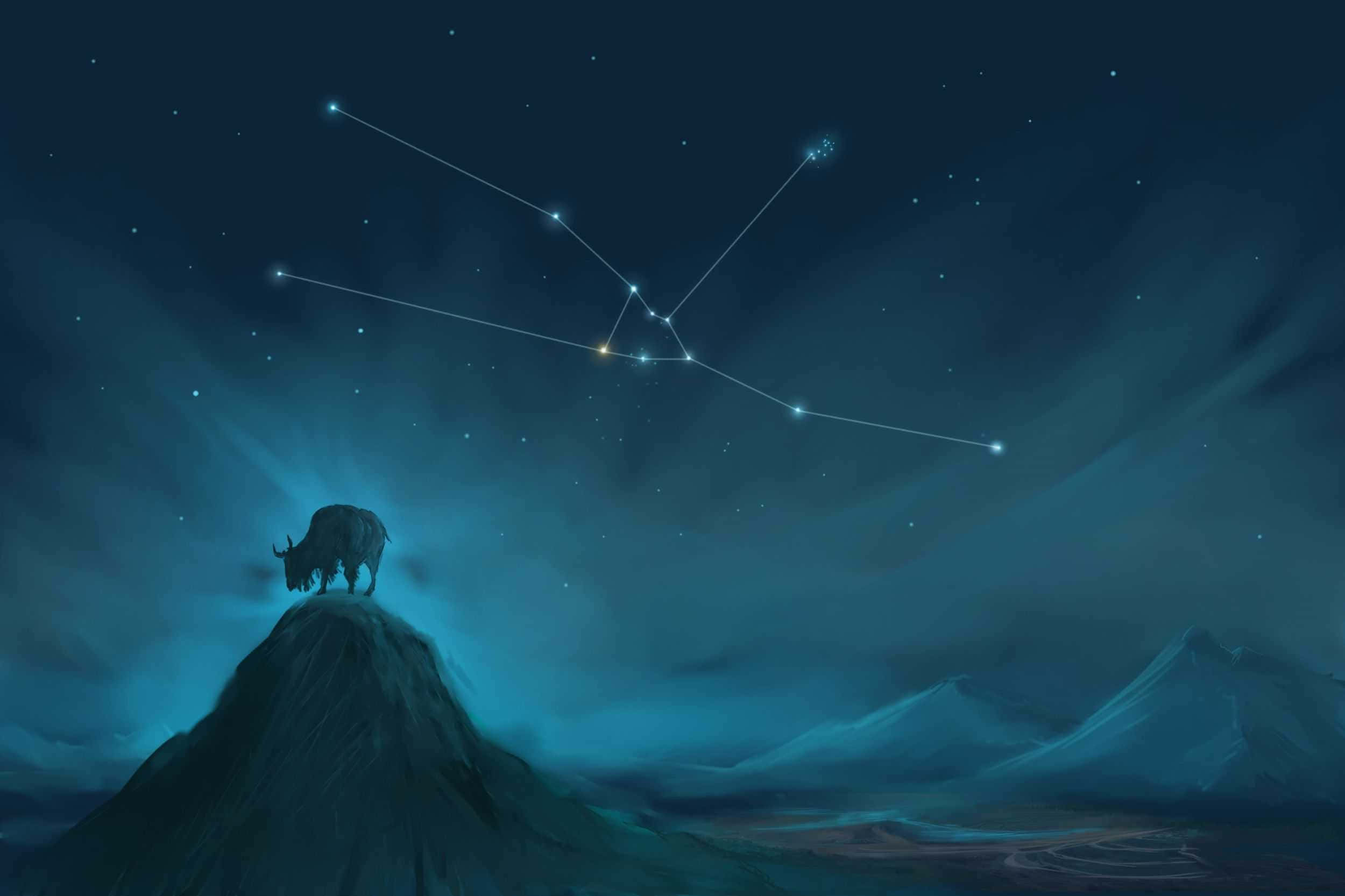 taurus 桌布 壁紙 — 一頭孤獨的野牛站在白雪覆蓋的山峰上，上方是繁星點點的夜空，閃耀的星座高懸天際。