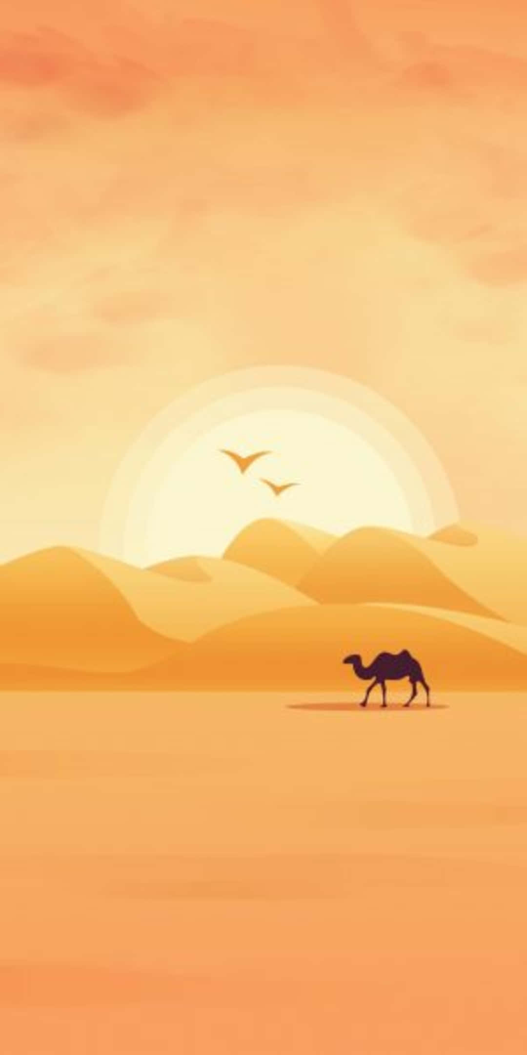 Pixel 3 Minimal 桌布 壁紙 — 一頭孤獨的駱駝在溫暖的橙色夕陽下穿越廣闊的沙漠，兩隻鳥在太陽附近飛翔。
