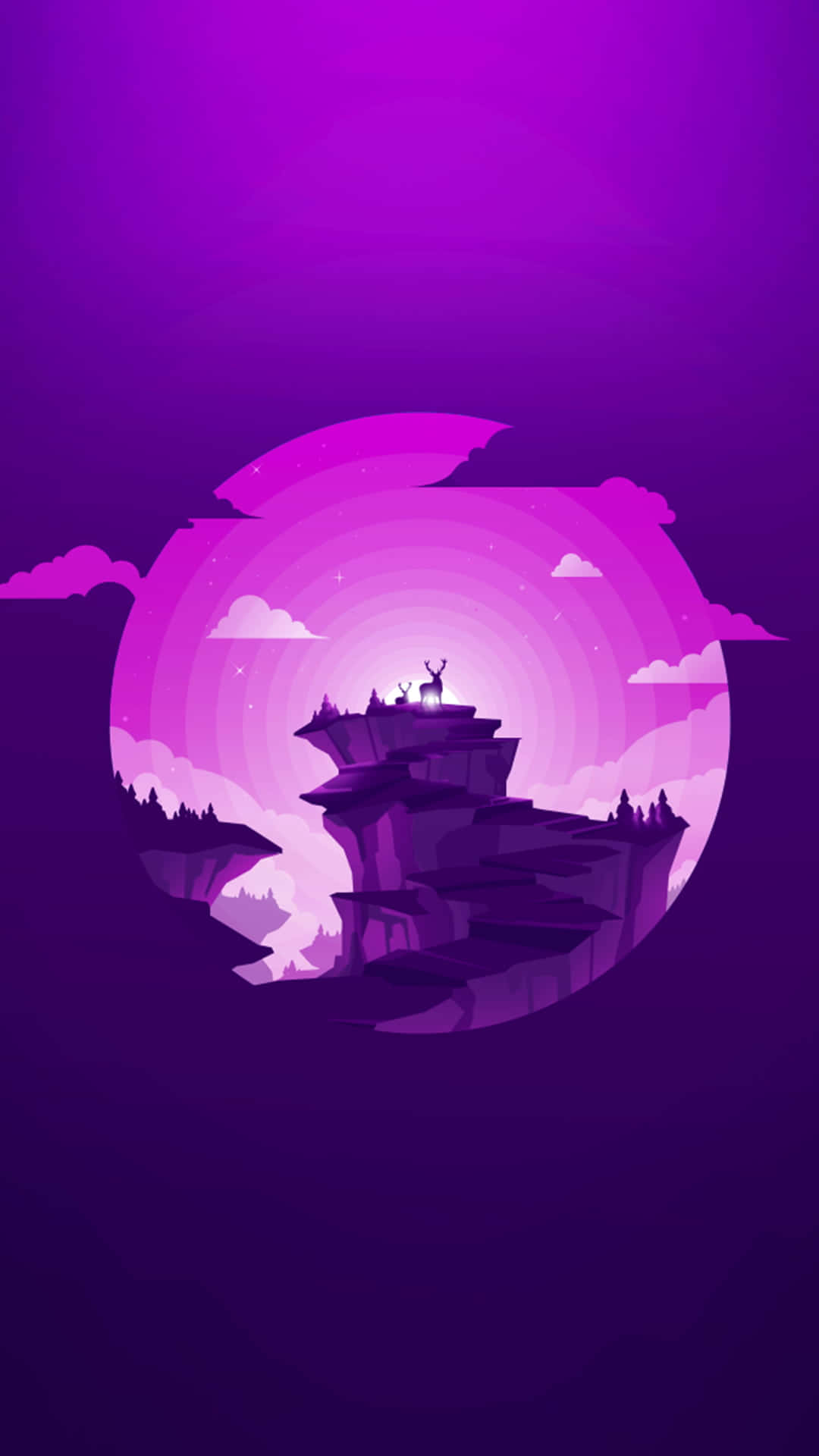 紫色 桌布 壁紙 — 一頭孤獨的鹿站在發光的圓形傳送門內的紫色懸崖上，背景是夢幻的暮色天空。