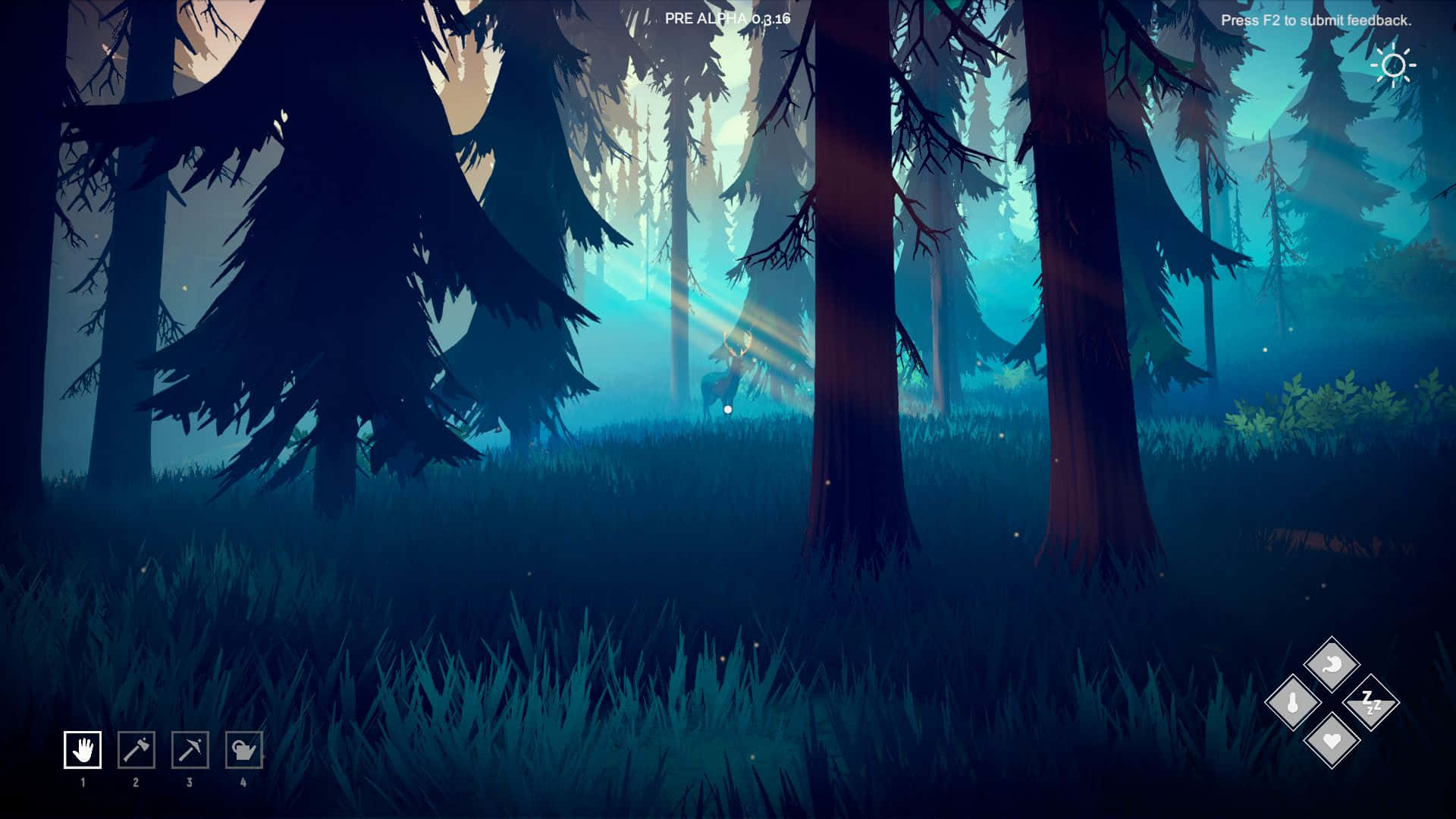 Among Trees 桌布 壁紙 — 一頭孤獨的鹿站在霧氣瀰漫的森林中，空靈的藍光穿過高聳的樹木，投下長長的影子。