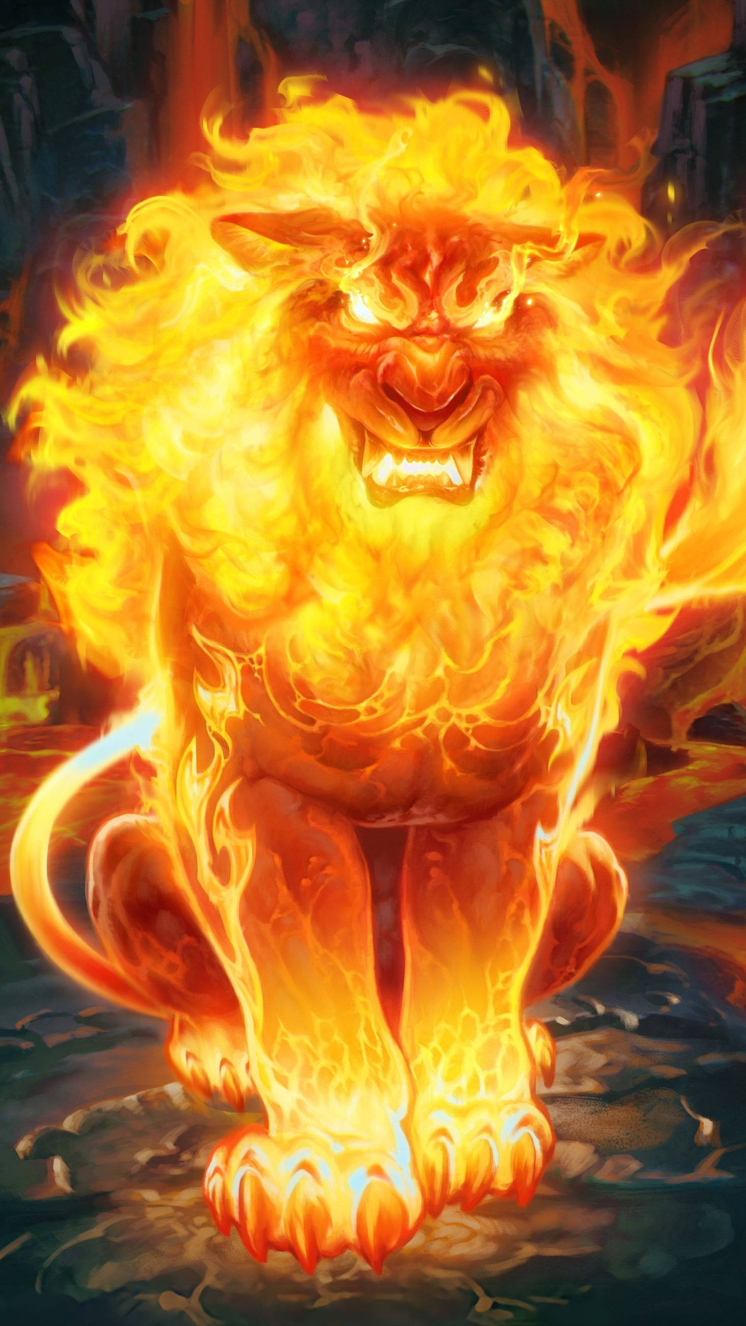 lion roar 桌布 壁紙 — 一頭完全由咆哮火焰構成的雄獅，站在岩石地面上，雙眼發光，表情兇猛。
