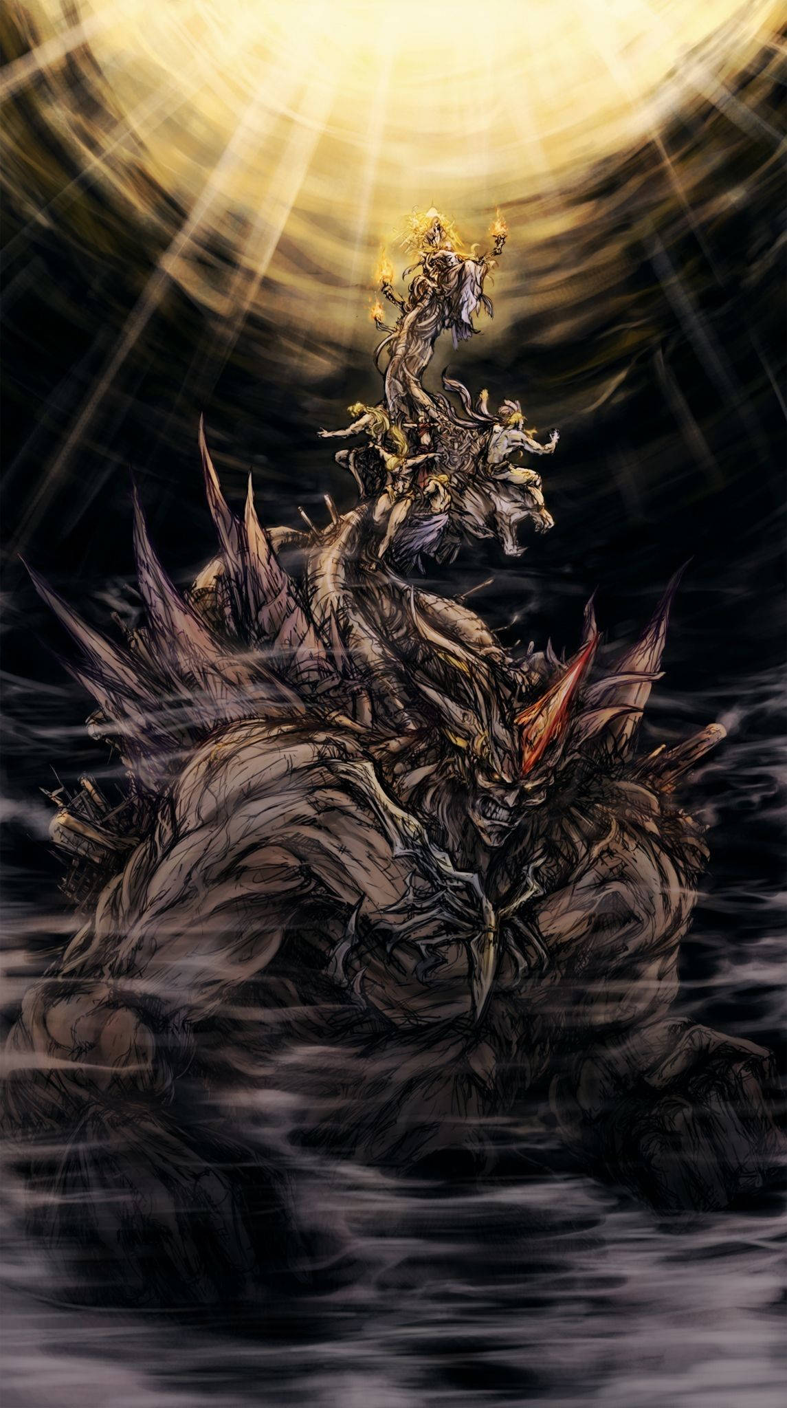 桌布 壁紙 — 一頭巨大的惡魔野獸從黑暗的水中浮現，在燦爛的金色太陽下，其背上有一位戰士揮舞著火焰劍。