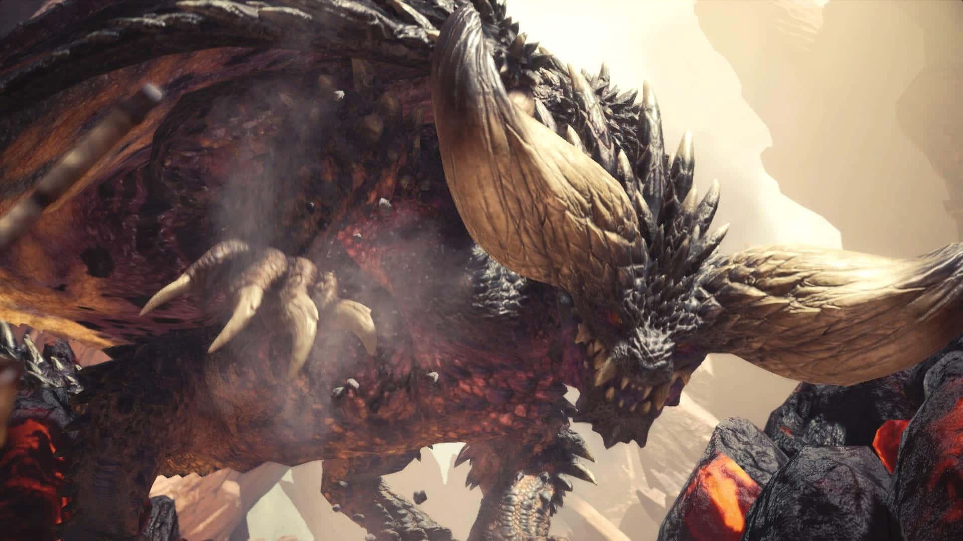 Monster Hunter Monsters 桌布 壁紙 — 一頭巨大的有角龍，長滿尖刺的皮膚和發光的紅眼睛，在火山岩和煙霧中咆哮。