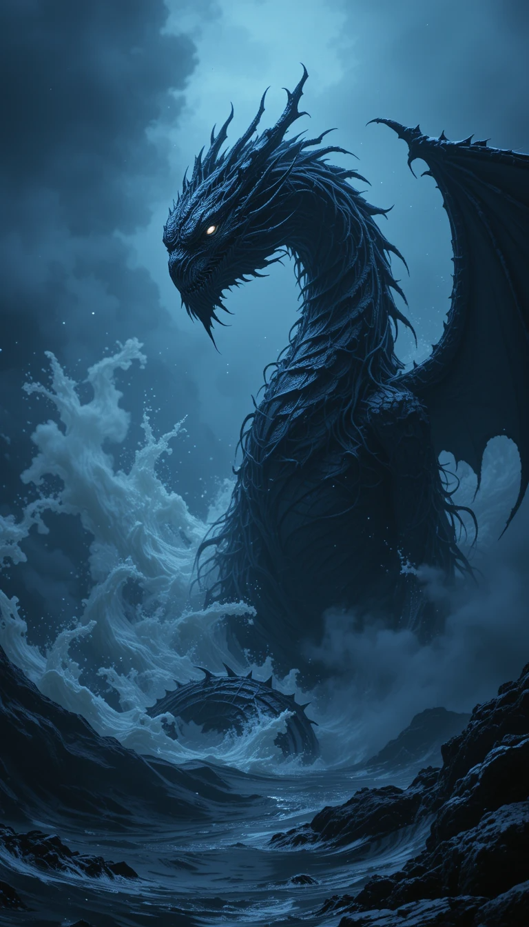 Dragon Aesthetic 桌布 壁紙 — 一頭巨大的深藍色龍，眼睛發光，在月光下的天空下從波濤洶湧的海浪中出現。
