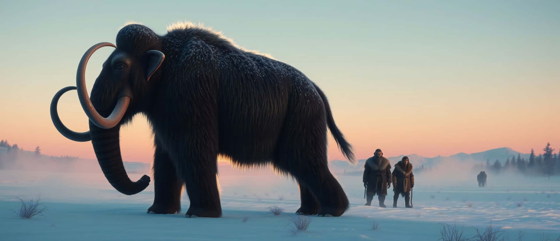 Mammoth 壁紙 — 一頭巨大的長毛猛獁象，彎曲的象牙，站在雪地裡，兩個披著毛皮斗篷的身影在黎明時分從遠處觀察。