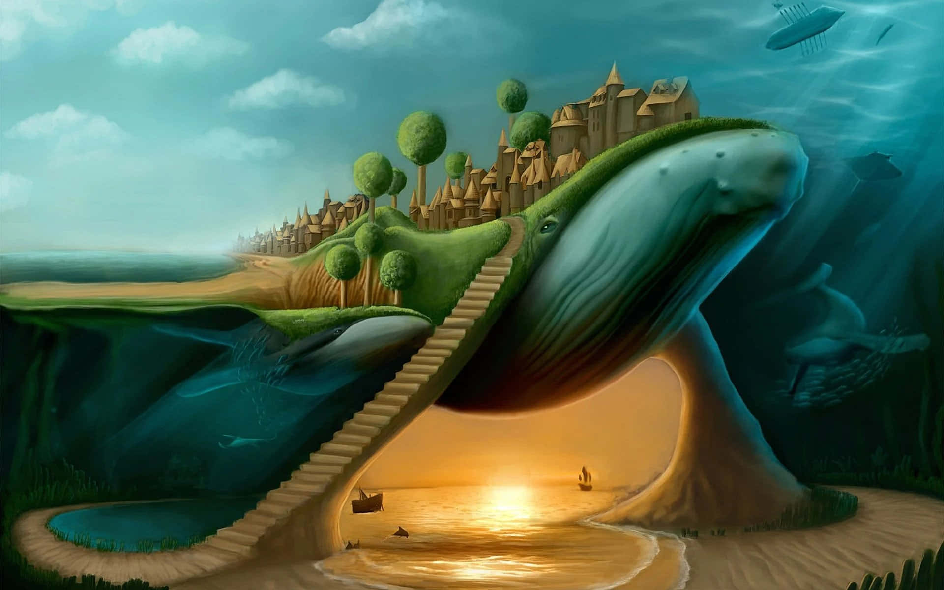 Surrealism 桌布 壁紙 — 一頭巨大的鯨魚支撐著一座浮島，島上有城堡和樹木，夕陽透過它的腹部發光。