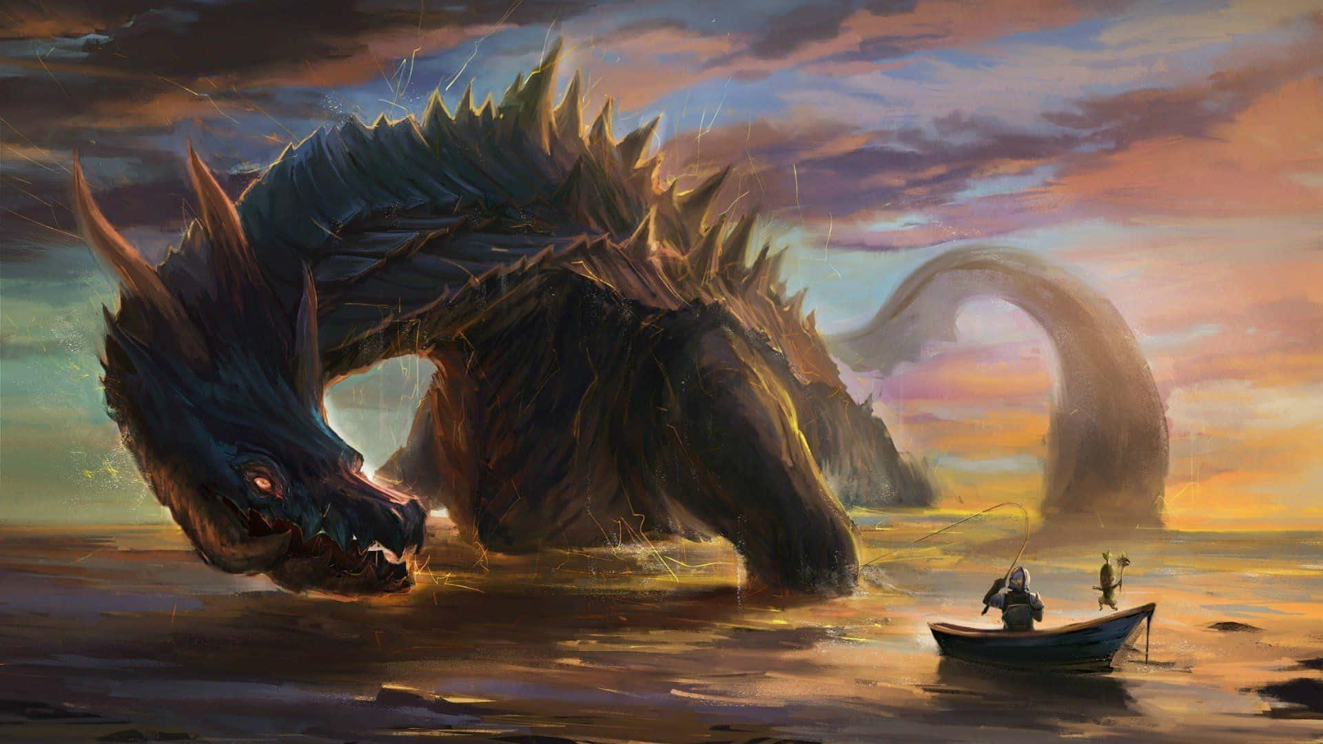 魔物獵人 世界 桌布 壁紙 — 一頭巨大的黑暗巨龍從海洋中升起，而兩名漁夫在一艘小船中敬畏地觀看著熾熱的日落。