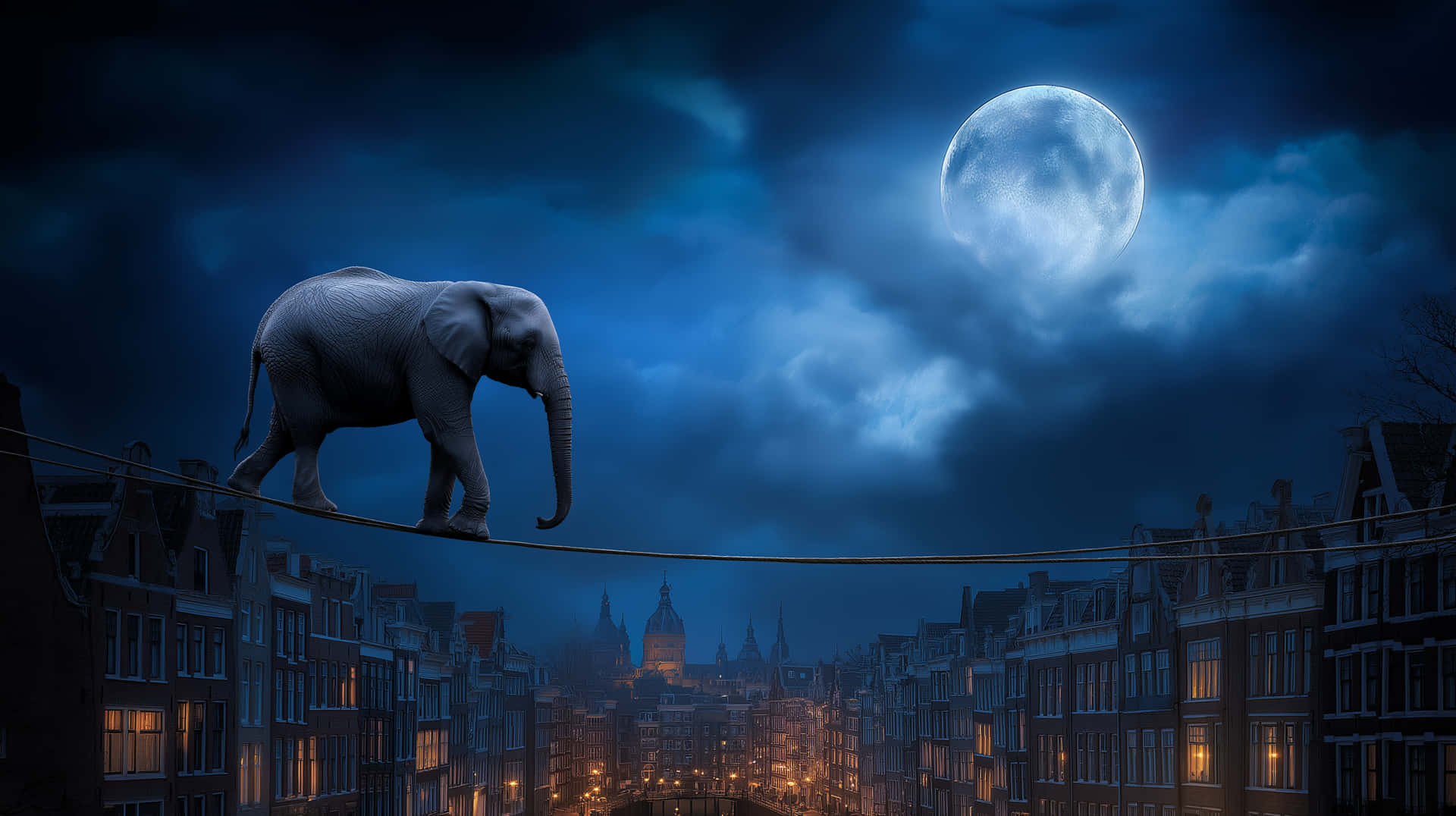 Elephant on Tightrope Under Full Moon Over Amsterdam 壁紙 — 一頭巨象在滿月下走鋼絲，越過月光照耀的城市景觀。