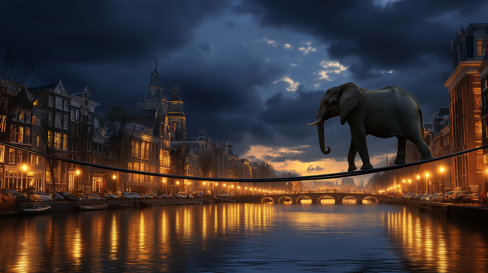 Elephant on Tightrope Over Amsterdam Canal at Dusk 壁紙 — 一頭巨象在黃昏時分走在一條橫跨運河的鋼絲上，歷史建築在戲劇性的多雲天空下溫暖地發光。