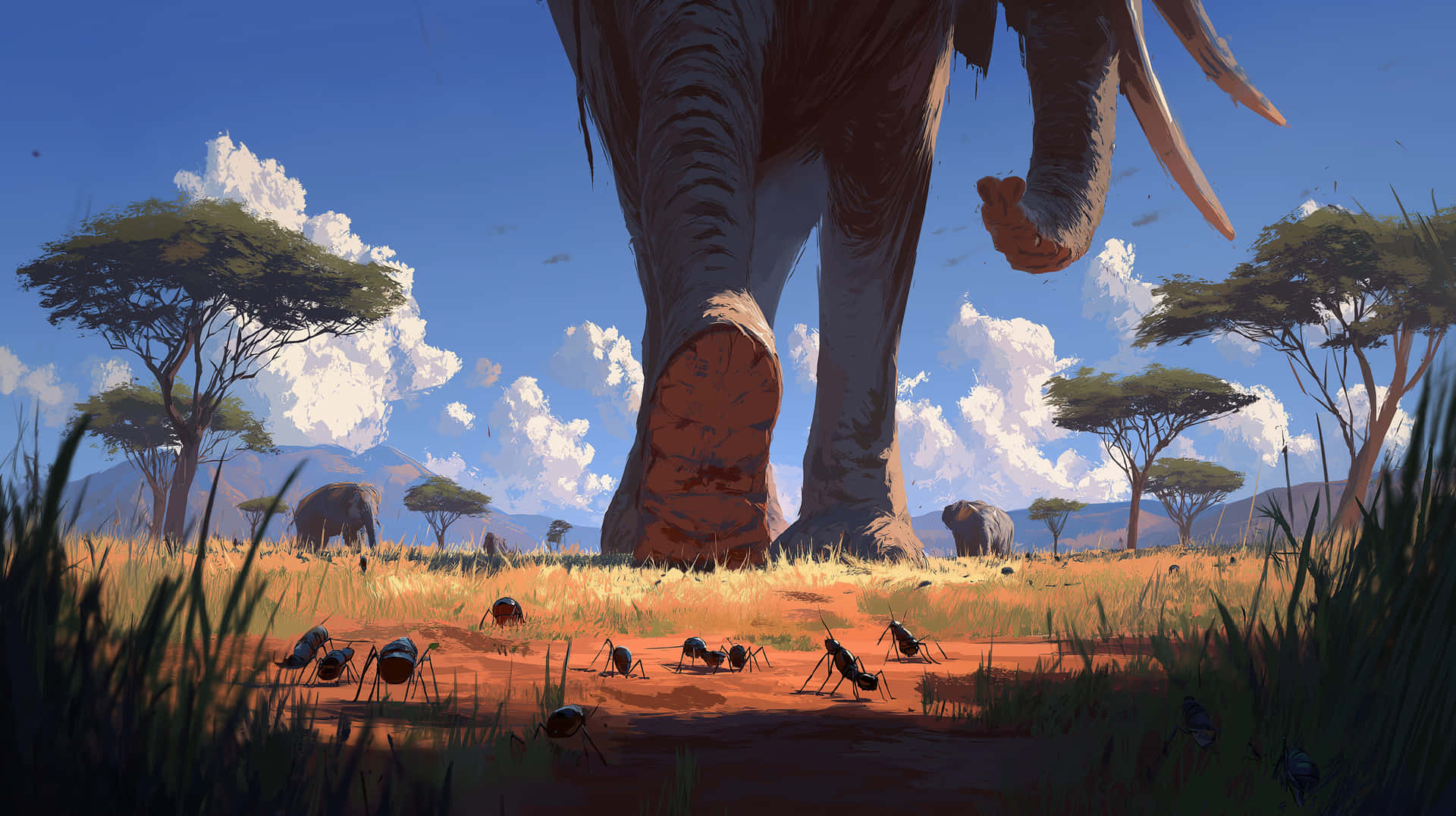 Giant Elephant and Tiny Ants in Savanna Landscape at Sunset 壁紙 — 一頭巨象籠罩在稀樹草原上，而微小的螞蟻在牠巨大的腳下匆匆穿過地面。