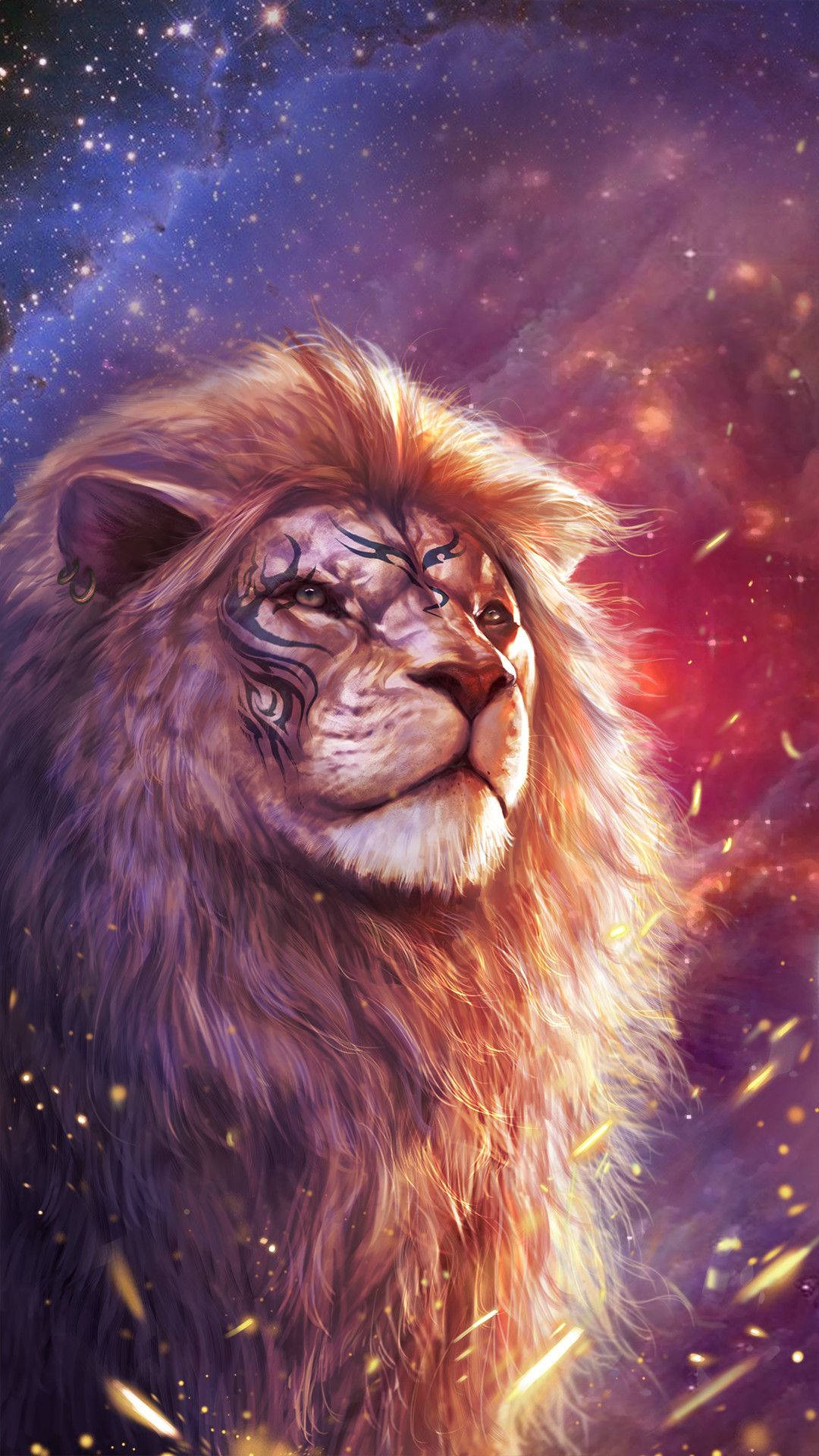 獅子 桌布 壁紙 — 一頭帶有宇宙紋身的雄獅向上凝視，背景是充滿星星和發光粒子的鮮豔星雲。