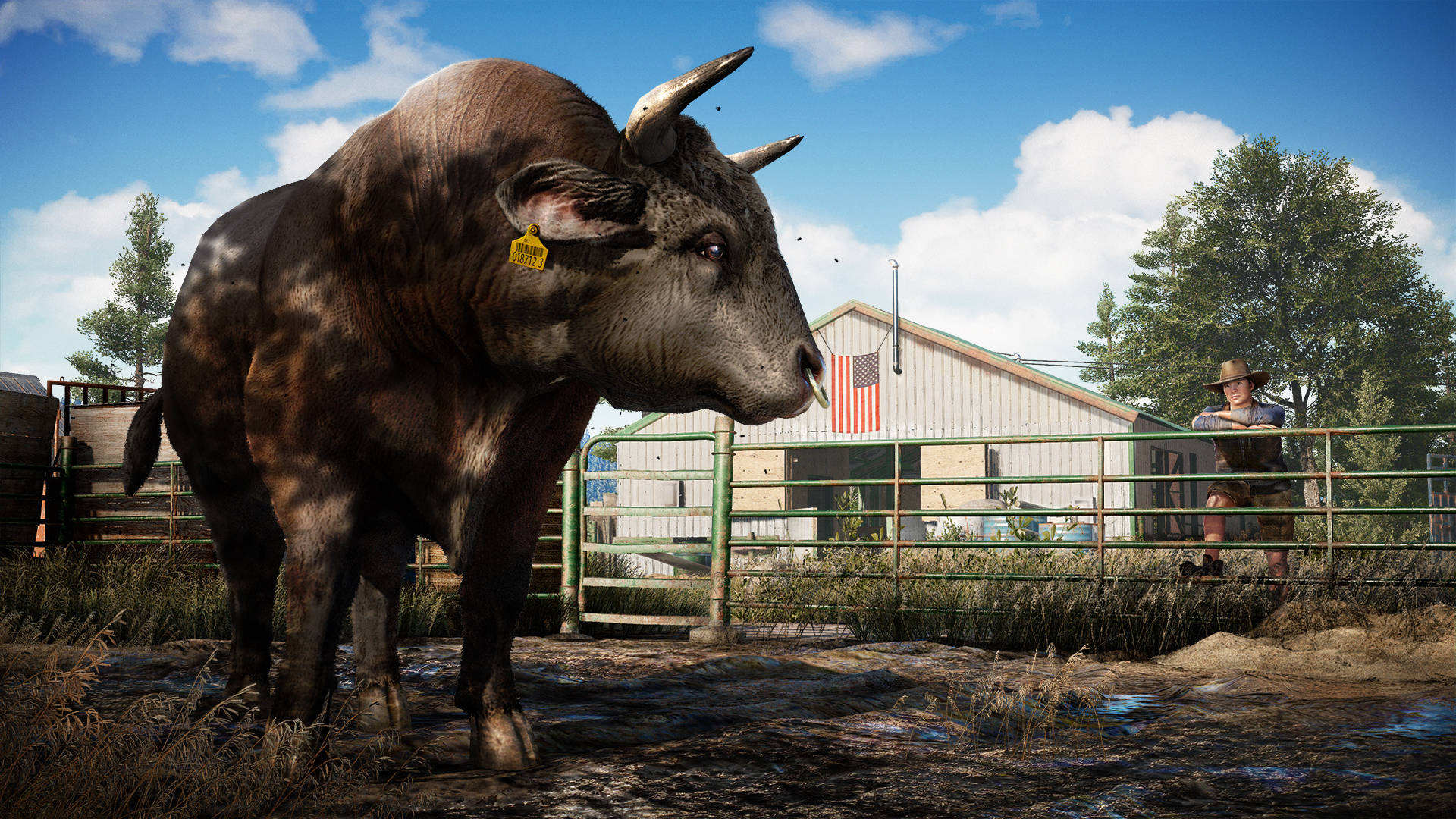 Far Cry 5 桌布 壁紙 — 一頭帶有彎曲角的大棕色公牛站在泥濘的農場圍欄中，一位戴帽子的農夫在明亮的藍天下從籬笆後面觀看。
