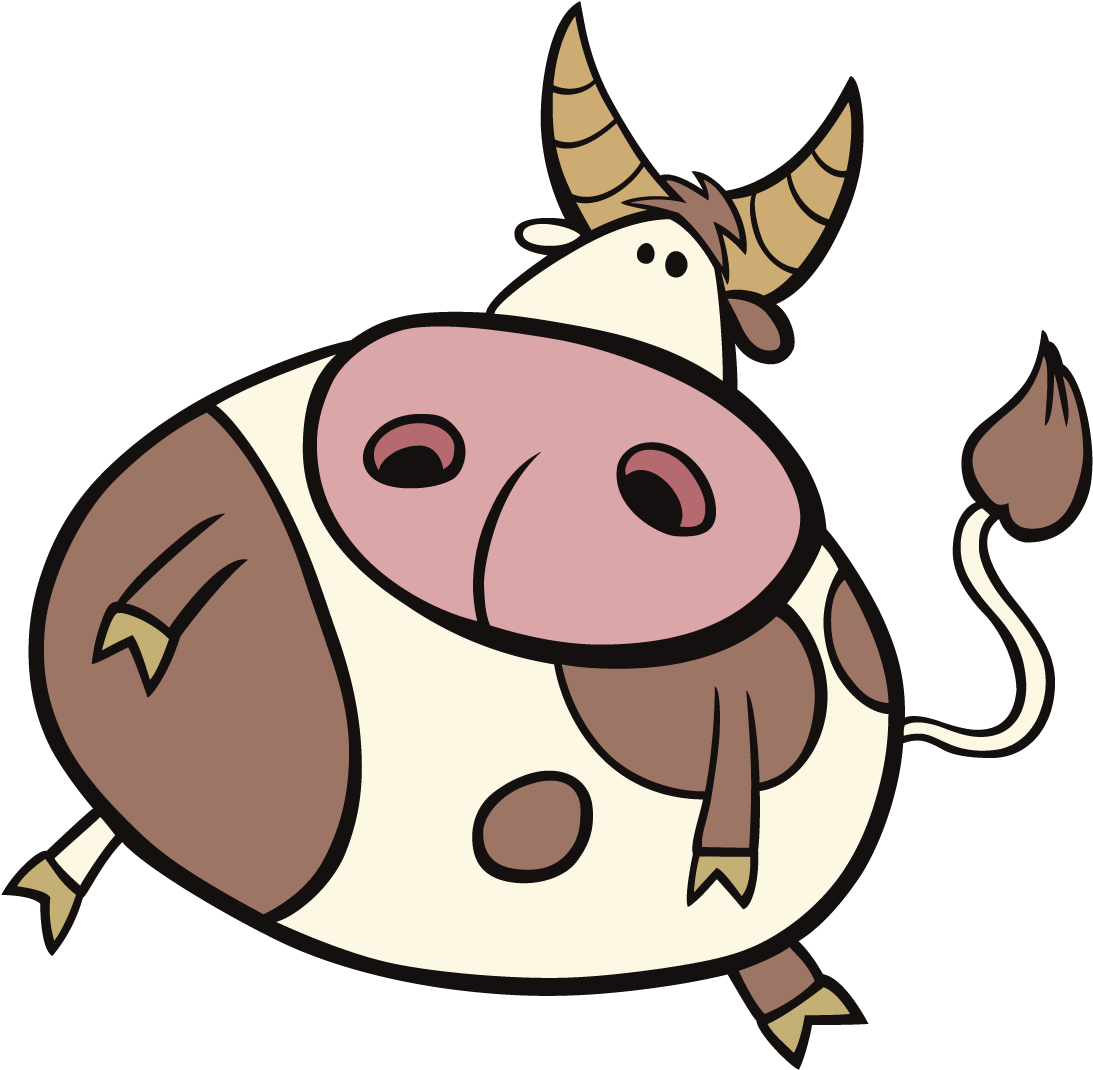 taurus 桌布 壁紙 — 一頭帶有棕色斑點和角的卡通牛在黑色背景上快樂地奔跑。