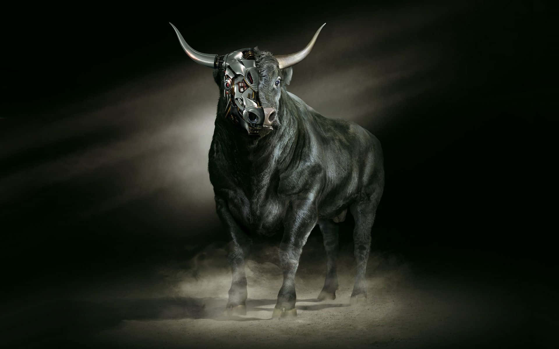 Bull Skull 桌布 壁紙 — 一頭帶有機械面孔的威脅性黑牛站在塵埃光線中，背景黑暗。