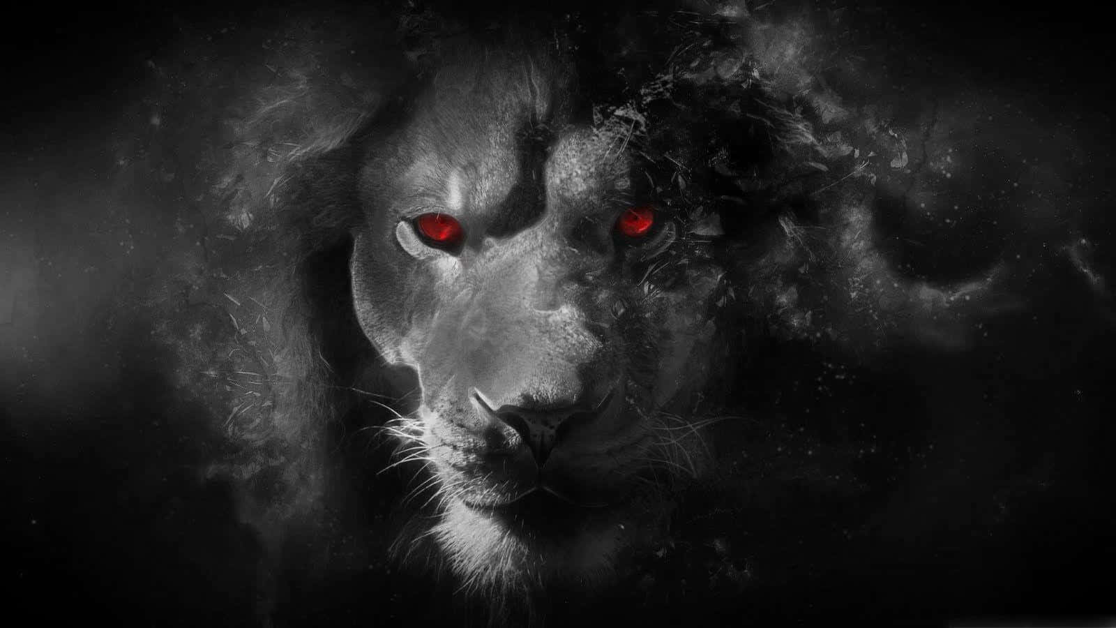 Black Lion 桌布 壁紙 — 一頭帶有發光紅眼的威嚇獅子從黑色背景上旋轉的黑暗煙霧中浮現。