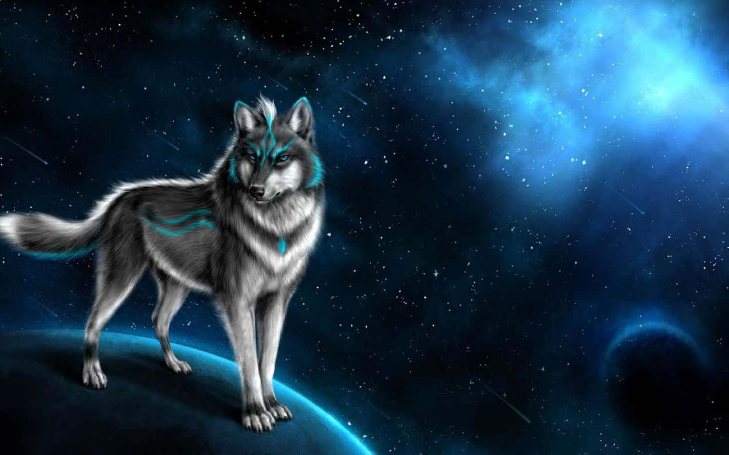 3d Wolf 桌布 壁紙 — 一頭帶有發光藍色標記的雄偉狼站在一顆行星上，背景是繁星點點的宇宙和星雲。