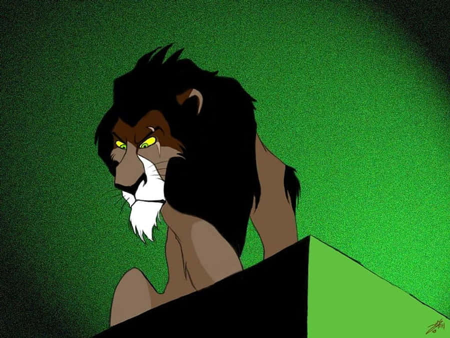 Lion King Scar 桌布 壁紙 — 一頭帶有發光黃色眼睛的威嚇獅子，在風格化的動畫肖像中從深綠色背景中凝視。