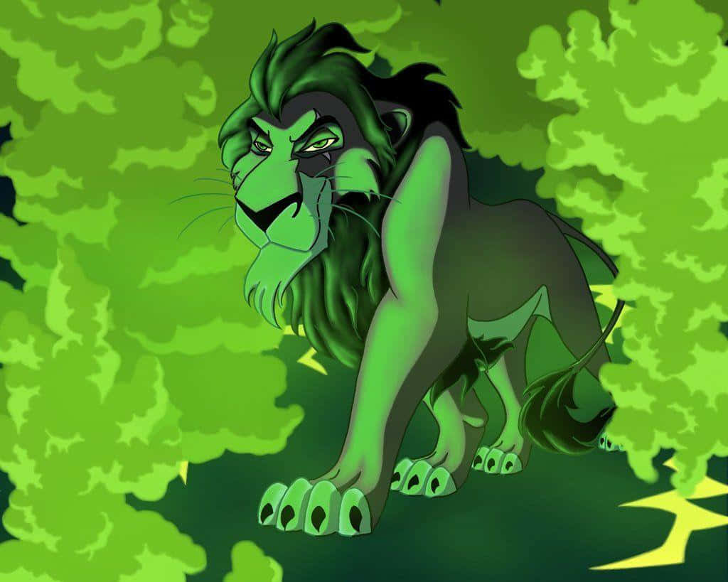 Lion King Scar 桌布 壁紙 — 一頭帶有綠色色調、眼睛發光的威脅性獅子在充滿生機的綠色樹葉叢林中潛行。