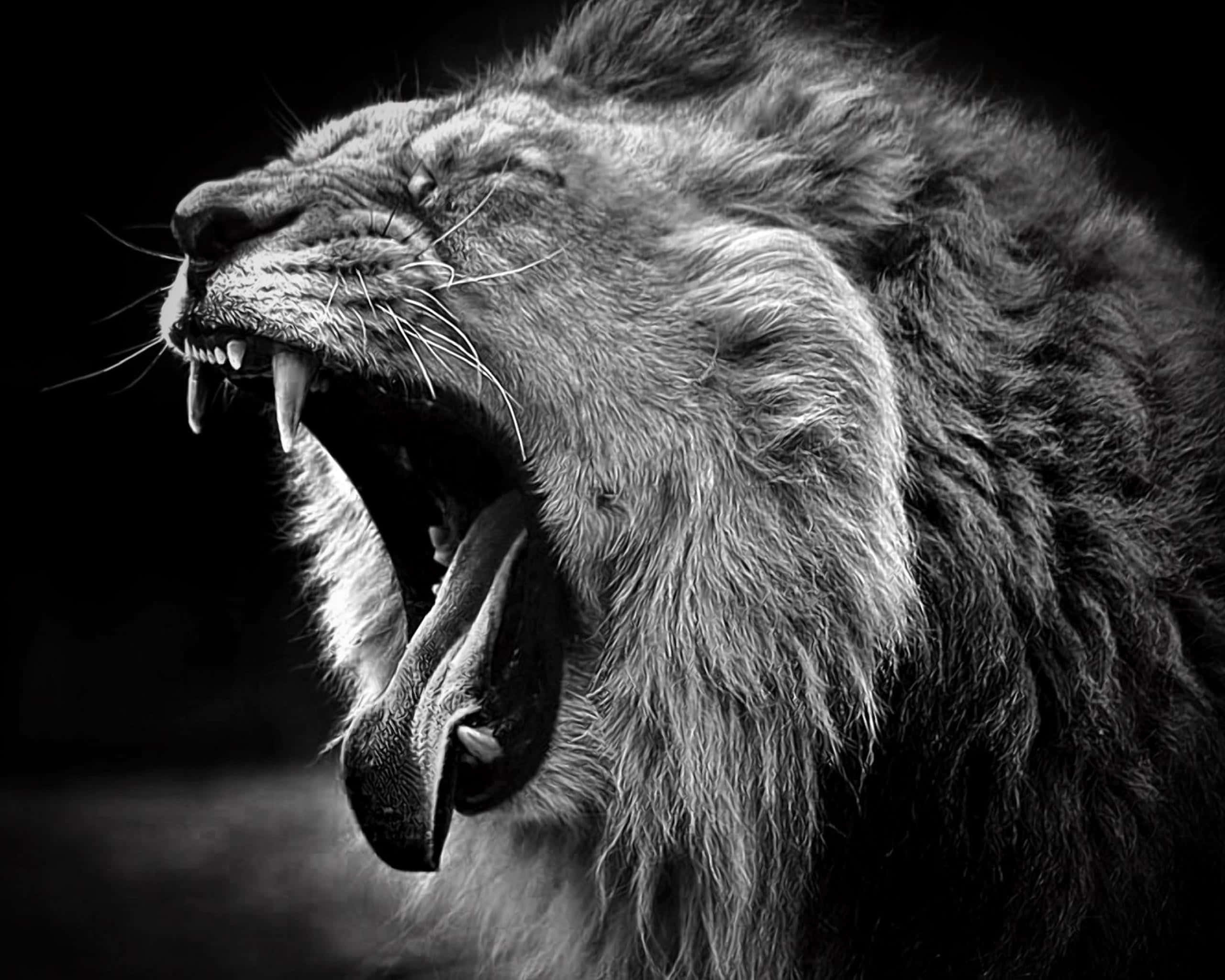 Roaring Lion 桌布 壁紙 — 一頭張大嘴巴、露出尖牙的咆哮獅子，在黑暗背景下以戲劇性的黑白風格捕捉。