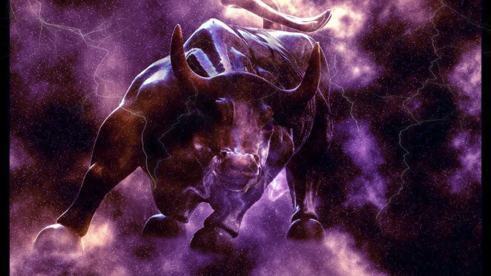 taurus 桌布 壁紙 — 一頭強壯的金屬公牛在暴風雨般的紫色宇宙天空中衝鋒，周圍閃電劈啪作響。
