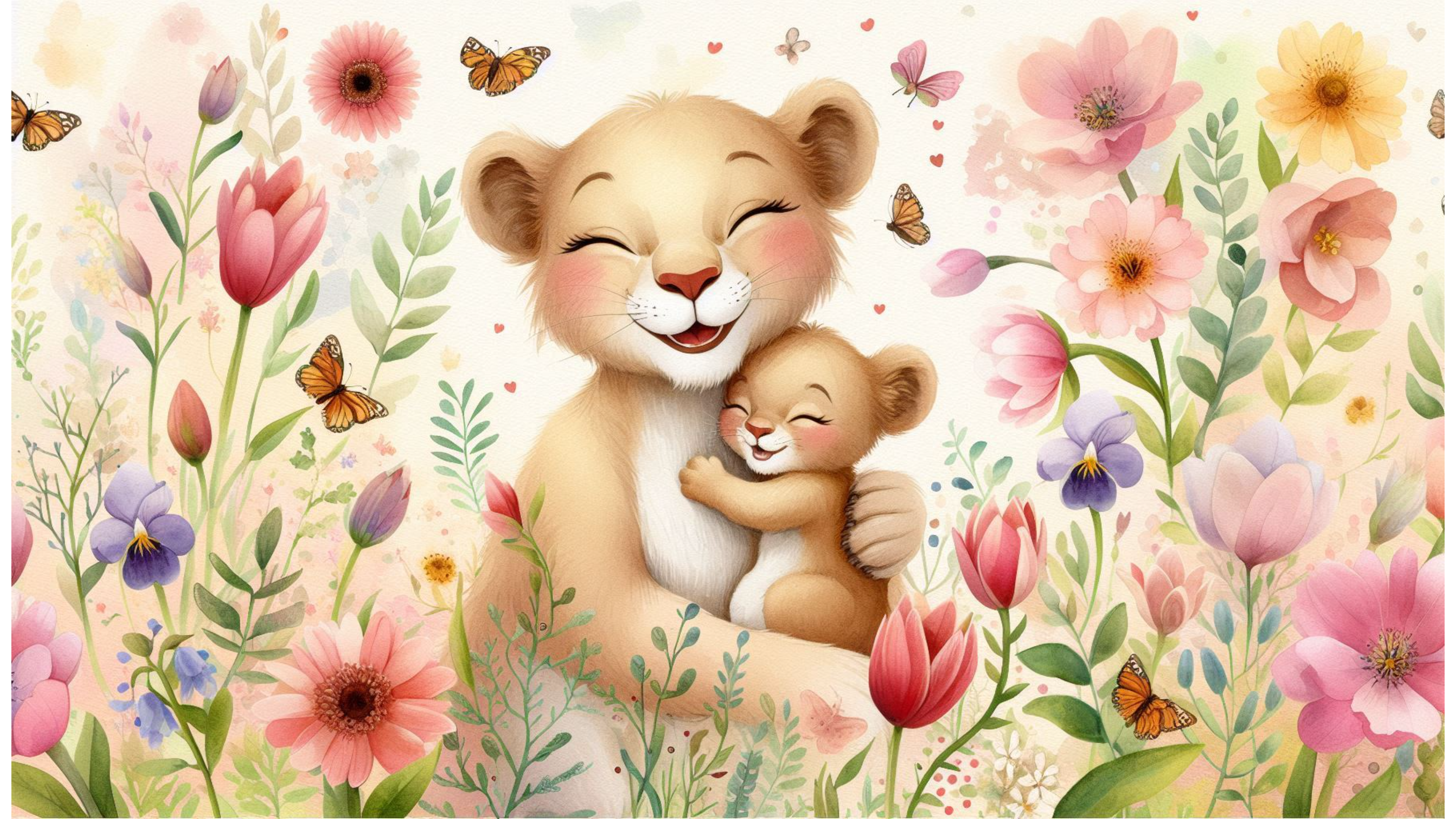 獅子 桌布 壁紙 — 一頭快樂的母獅在充滿活力的花園中懷抱著幼獅，花園裡有粉紅色的鬱金香、紫色的三色堇和翩翩起舞的蝴蝶。