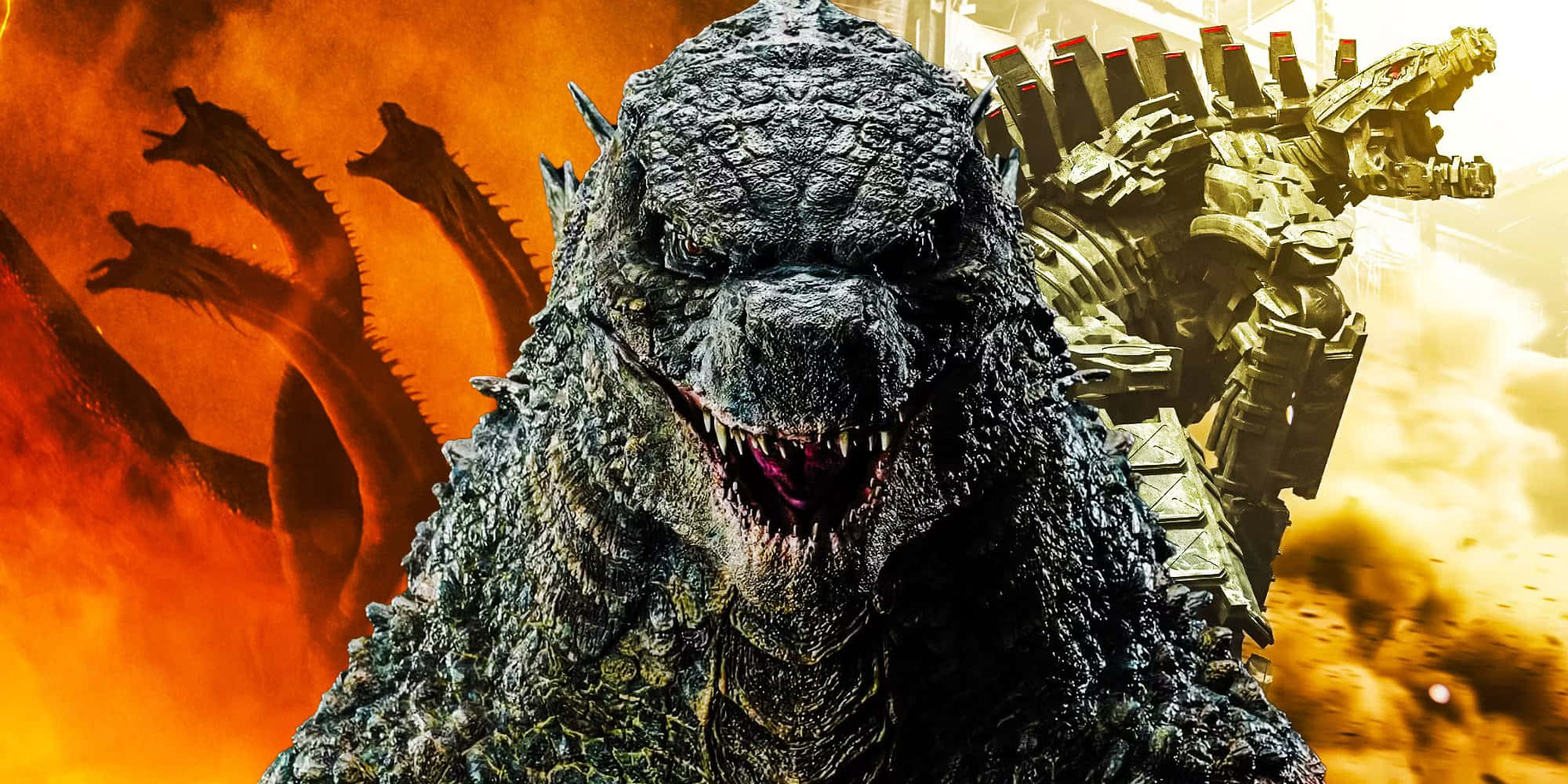 monsters 桌布 壁紙 — 一頭怪獸哥吉拉在熾熱的橙色天空下咆哮，雙眼發光，機械怪獸和陰影龍在背景中若隱若現。