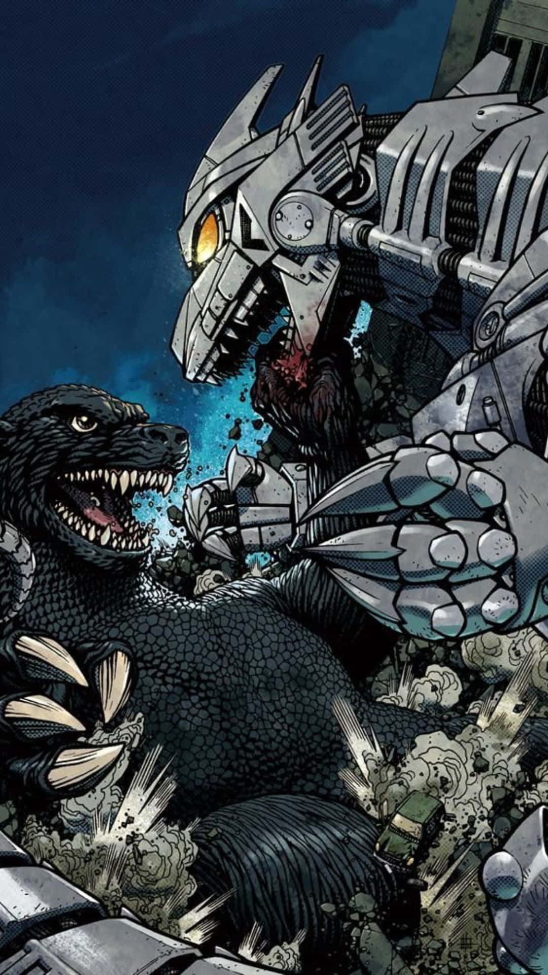 Godzilla Vs Mechagodzilla 桌布 壁紙 — 一頭怪獸哥吉拉在黑暗天空下，於破碎的城市戰場上與高聳的機械怪獸對峙，發出咆哮。
