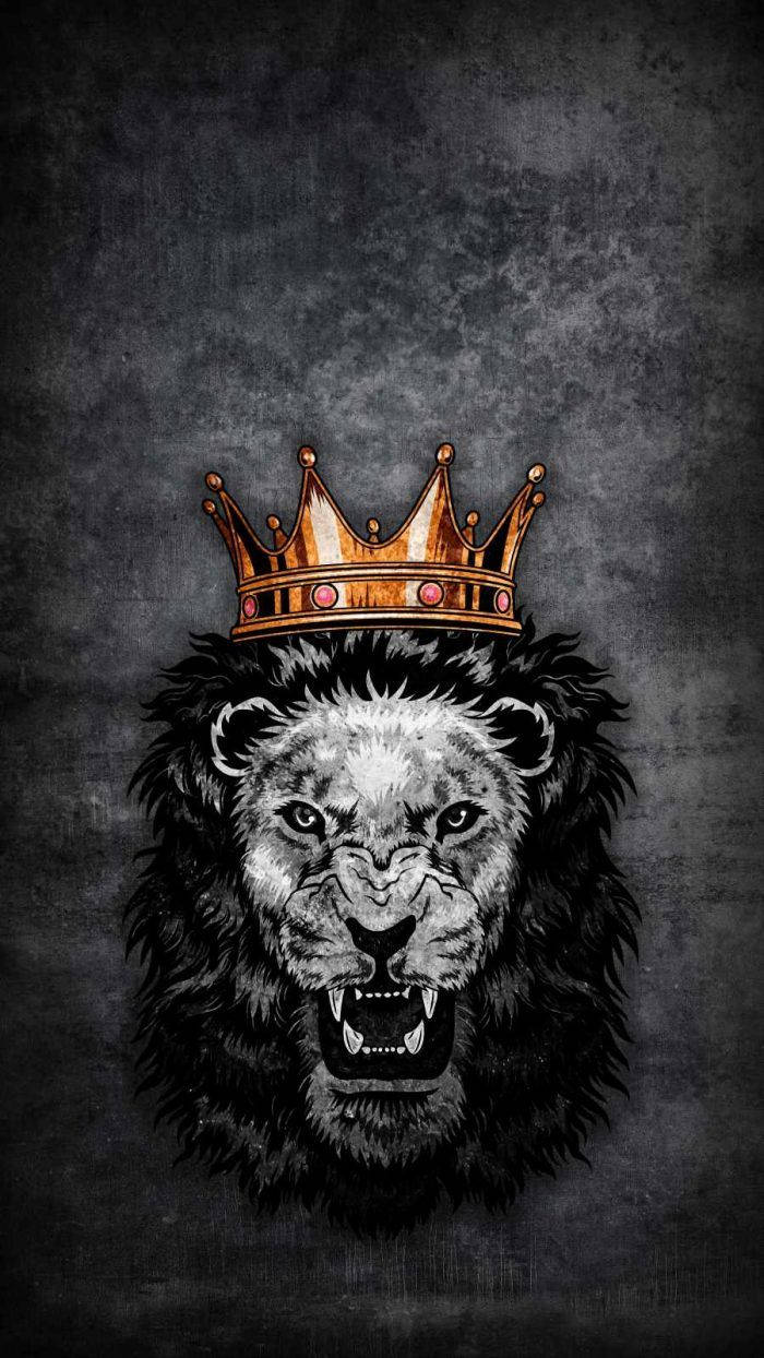 king logo 桌布 壁紙 — 一頭戴著金色王冠的兇猛獅子在紋理深灰色背景上咆哮。