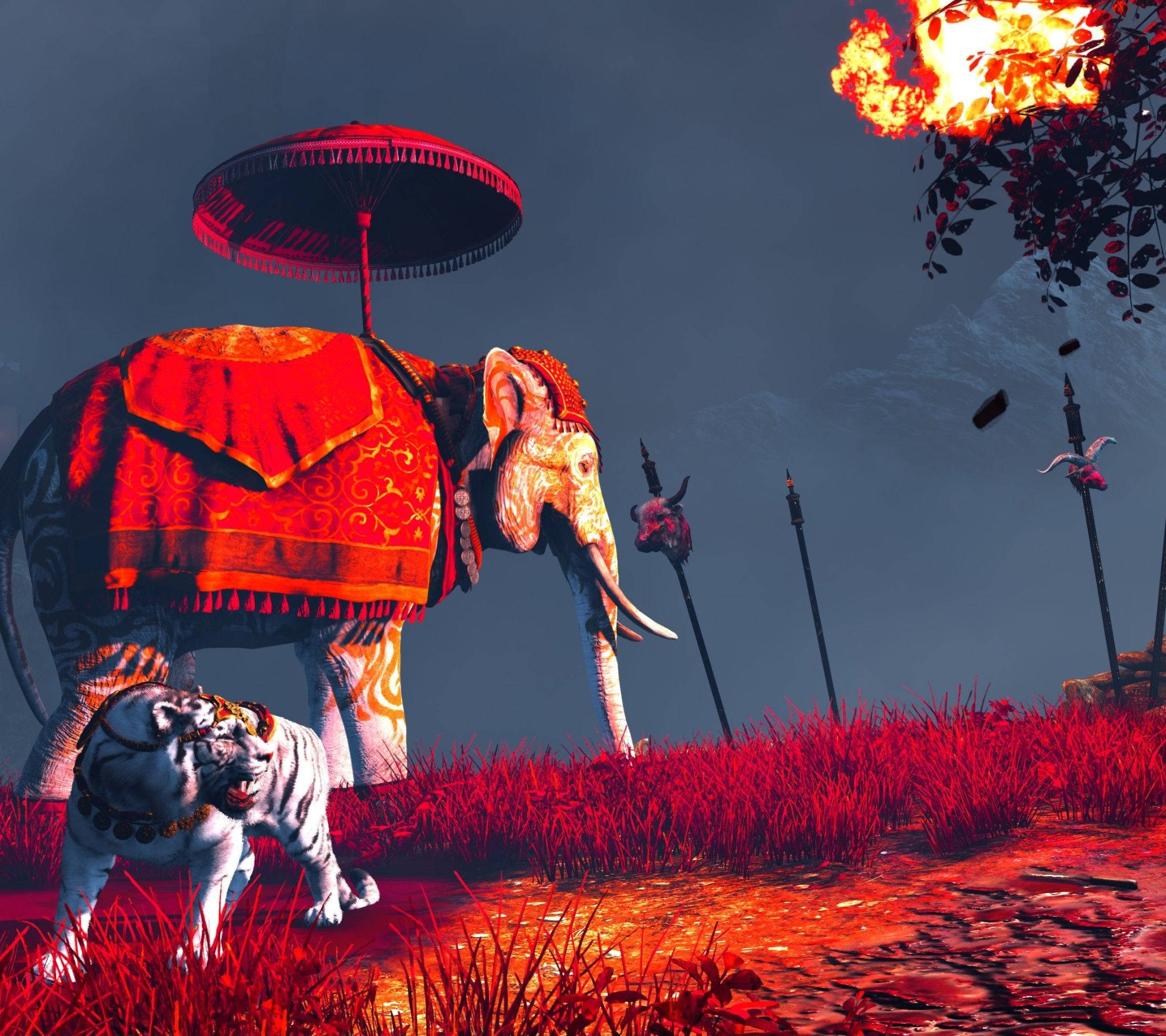 Far Cry 4 桌布 壁紙 — 一頭披著紅布的雄偉大象與老虎同伴站在熾熱的紅色田野上，天空燃燒。