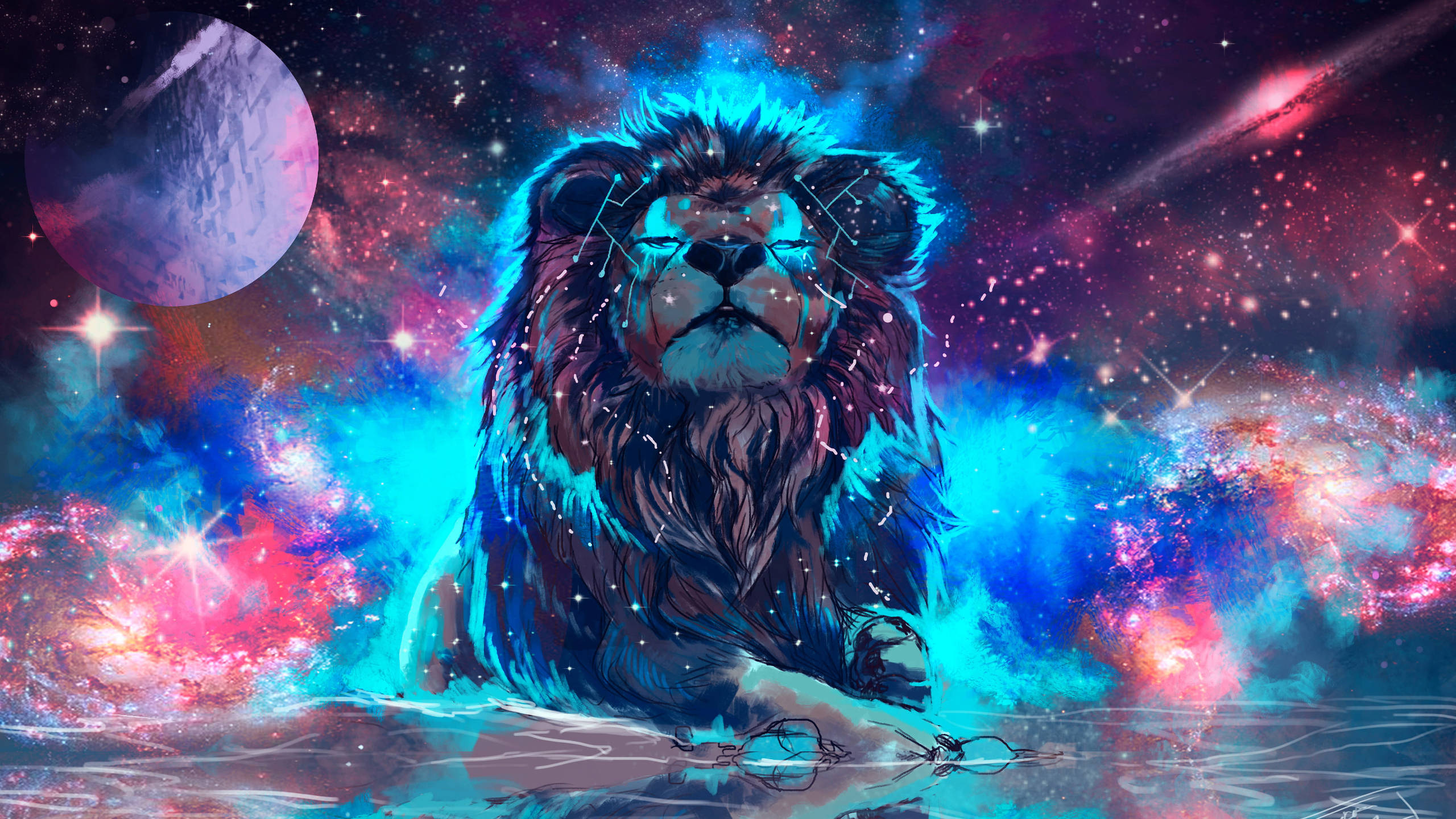WhatsApp 桌布 壁紙 — 一頭擁有宇宙皮毛的雄獅，威嚴地坐在充滿星星和發光星系的生動星雲前。