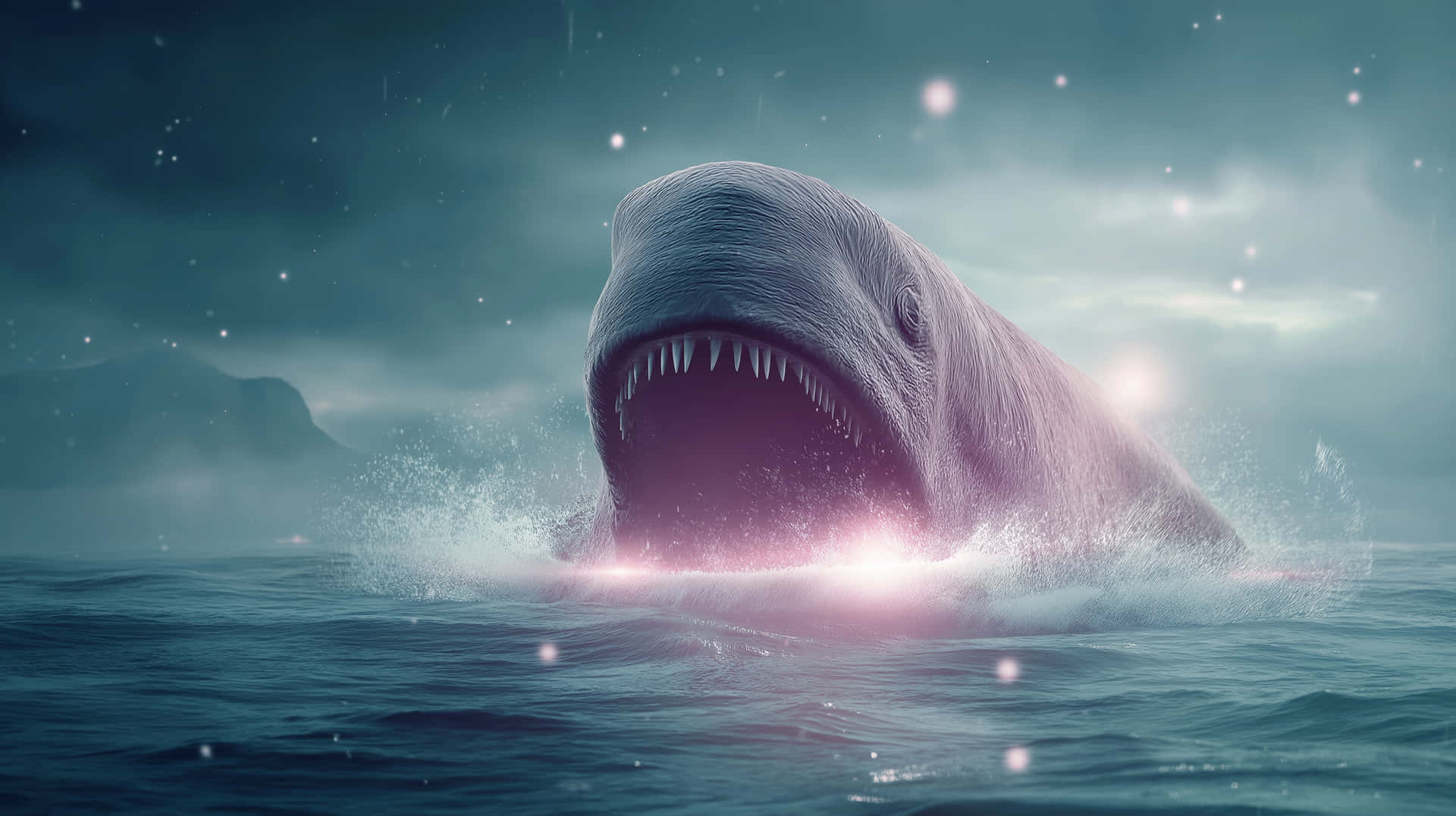 Mysterious Giant Sea Creature Emerging from Water at Night 壁紙 — 一頭擁有尖銳牙齒的巨大史前鯨魚，在星空下衝破風暴般的藍綠色海水。
