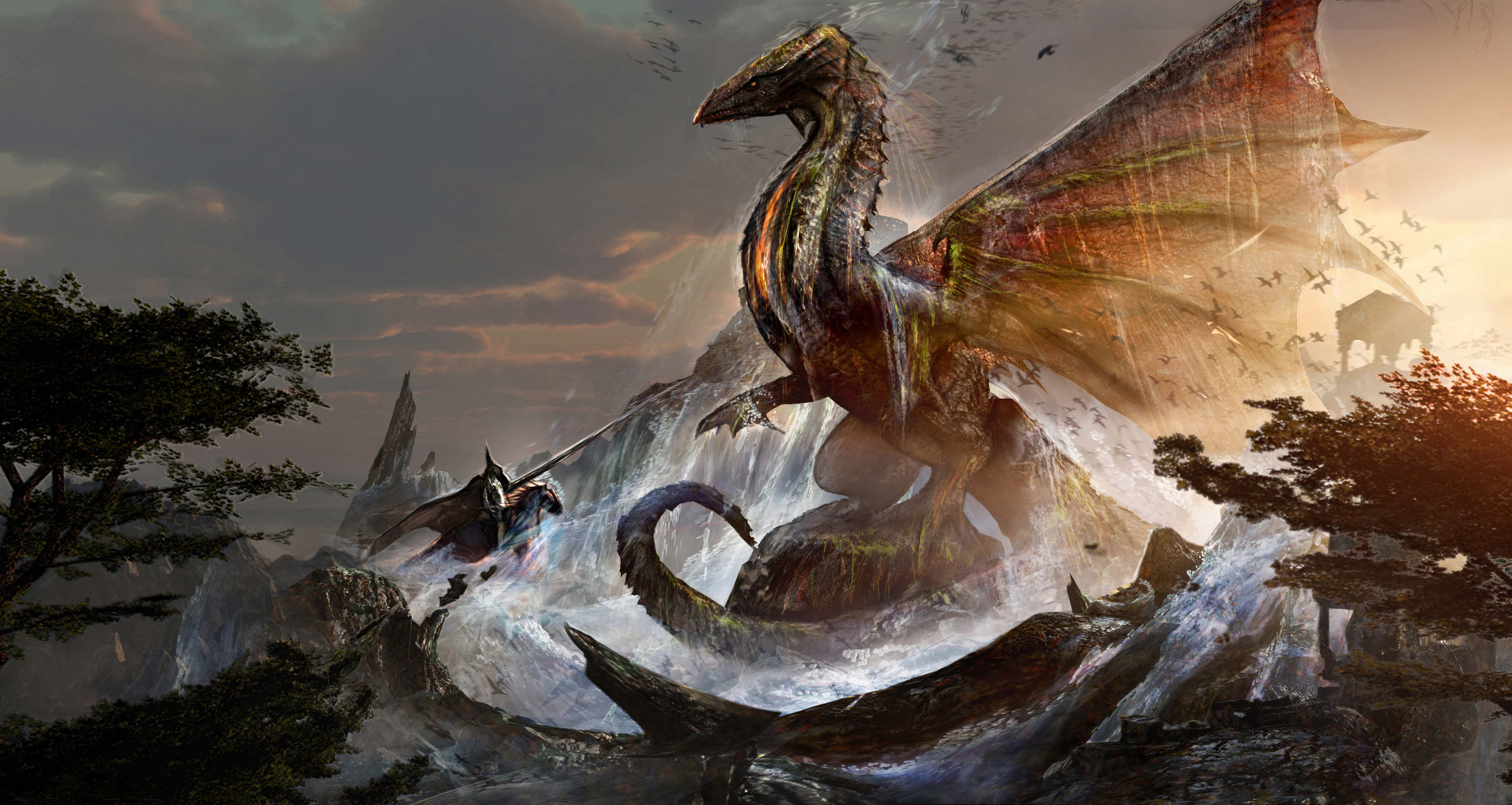 Mythical Dragon 桌布 壁紙 — 一頭擁有紋理鱗片和巨大翅膀的巨龍，在日落時分主宰著霧氣瀰漫的山地景觀，尾巴纏繞在崎嶇的岩石上，一名孤獨的騎手騎著黑馬向它衝鋒。