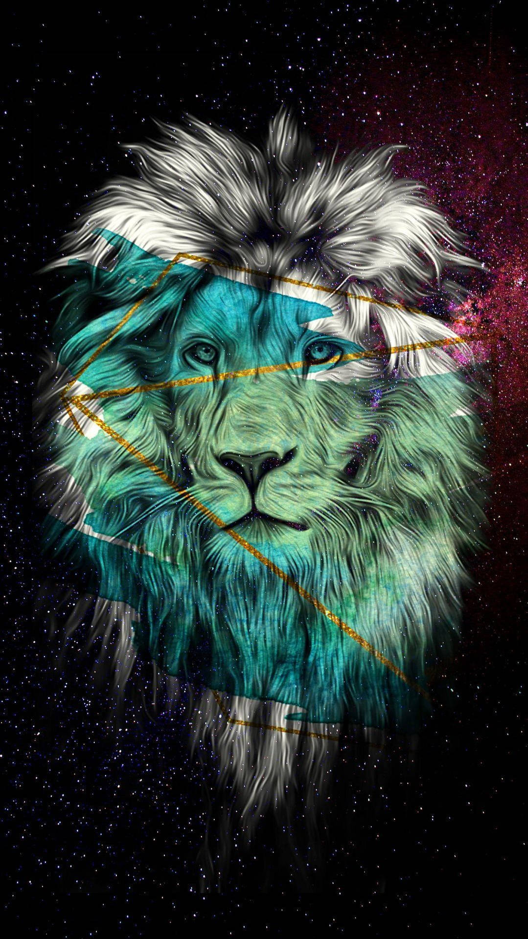 一頭擁有白色鬃毛的藍綠色獅子，在帶有金色線條的星空宇宙背景下。 — 銀河獅子 壁紙